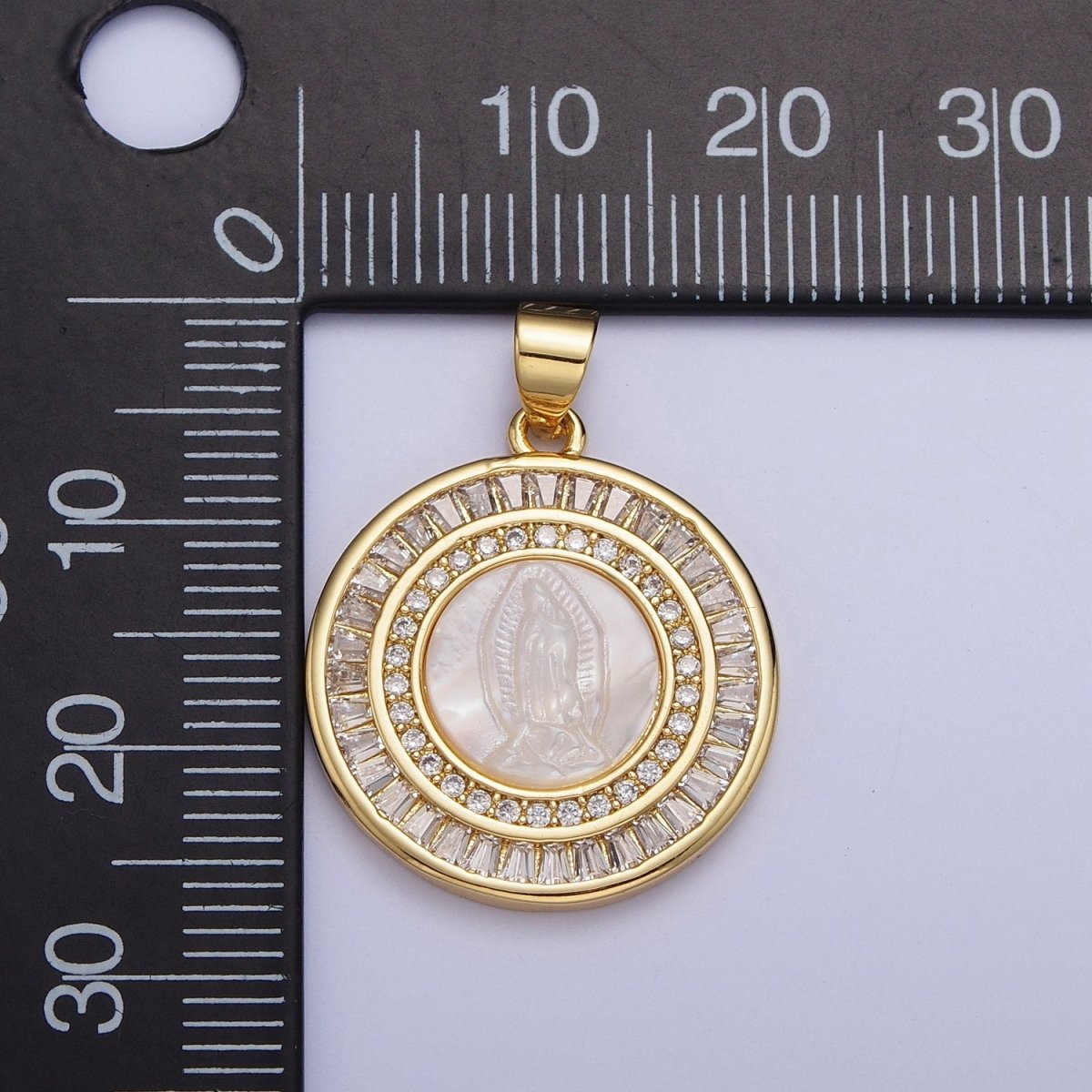 Mother of Pearl Miraculous Virgin Mary Micro Paved Clear/Pink Baguette Lined Round Medallion For Religious Jewelry | X-507 X-508 - DLUXCA