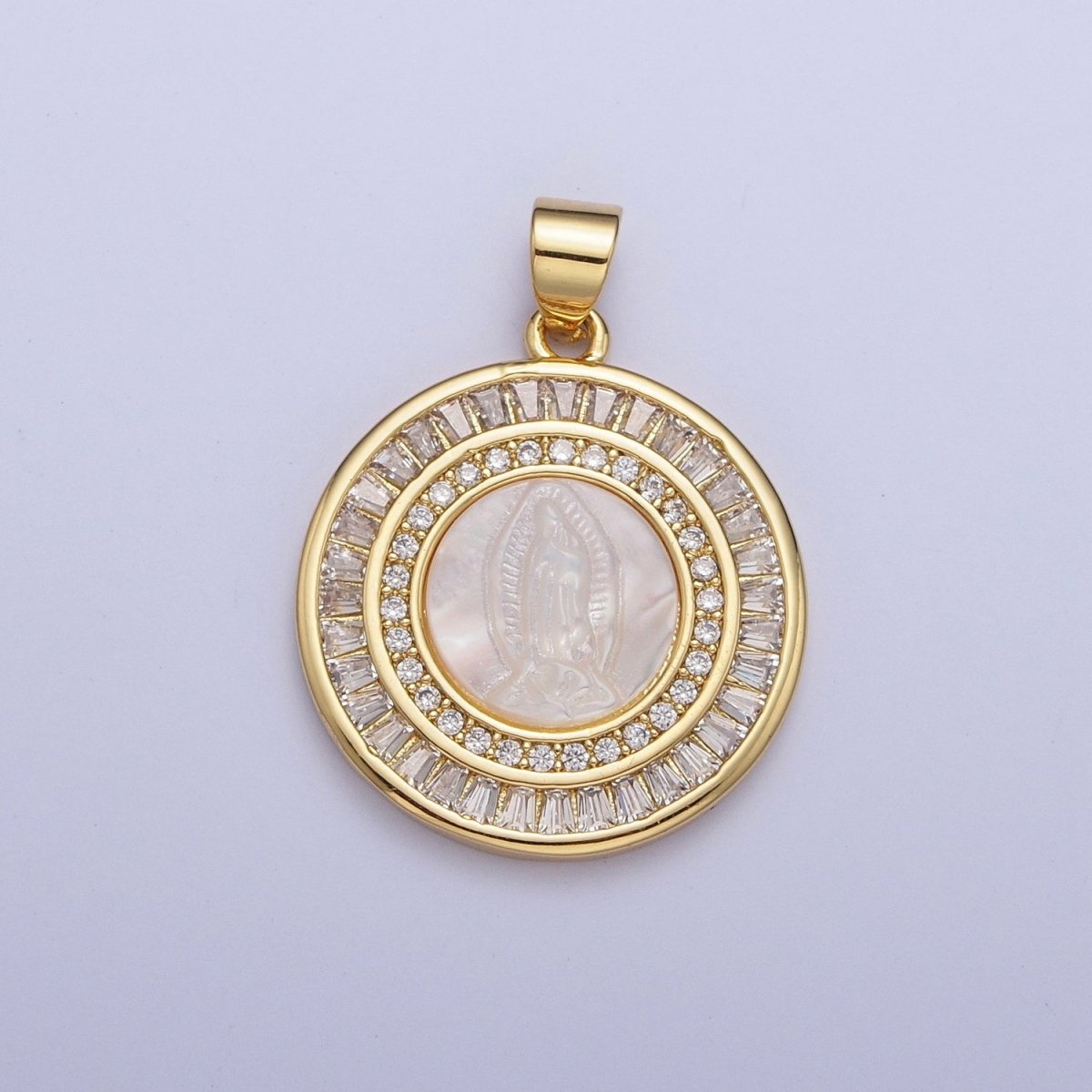 Mother of Pearl Miraculous Virgin Mary Micro Paved Clear/Pink Baguette Lined Round Medallion For Religious Jewelry | X-507 X-508 - DLUXCA