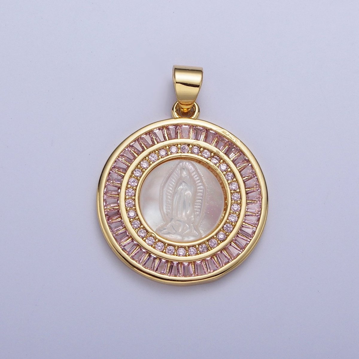 Mother of Pearl Miraculous Virgin Mary Micro Paved Clear/Pink Baguette Lined Round Medallion For Religious Jewelry | X-507 X-508 - DLUXCA