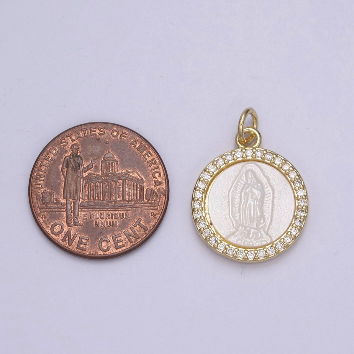 Mother of Pearl Our Lady of Guadalupe Pendant / Virgin Mary Charm Medallion Bezeled with Gold Filled and CZ Micro Pave Religious Supply N-711 - DLUXCA