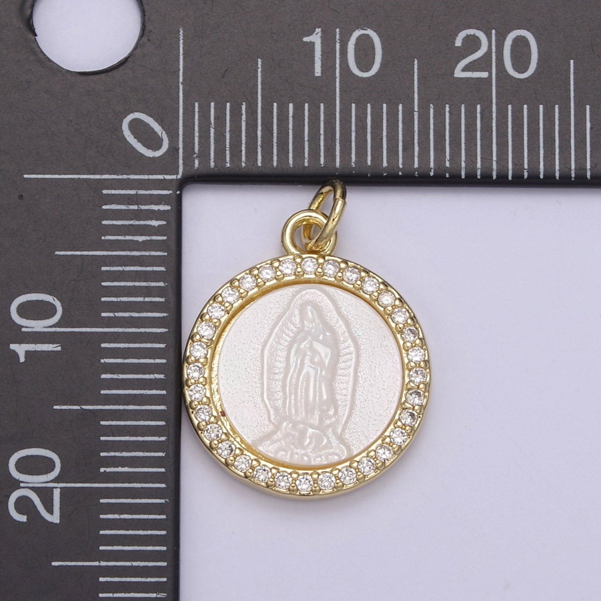 Mother of Pearl Our Lady of Guadalupe Pendant / Virgin Mary Charm Medallion Bezeled with Gold Filled and CZ Micro Pave Religious Supply N-711 - DLUXCA