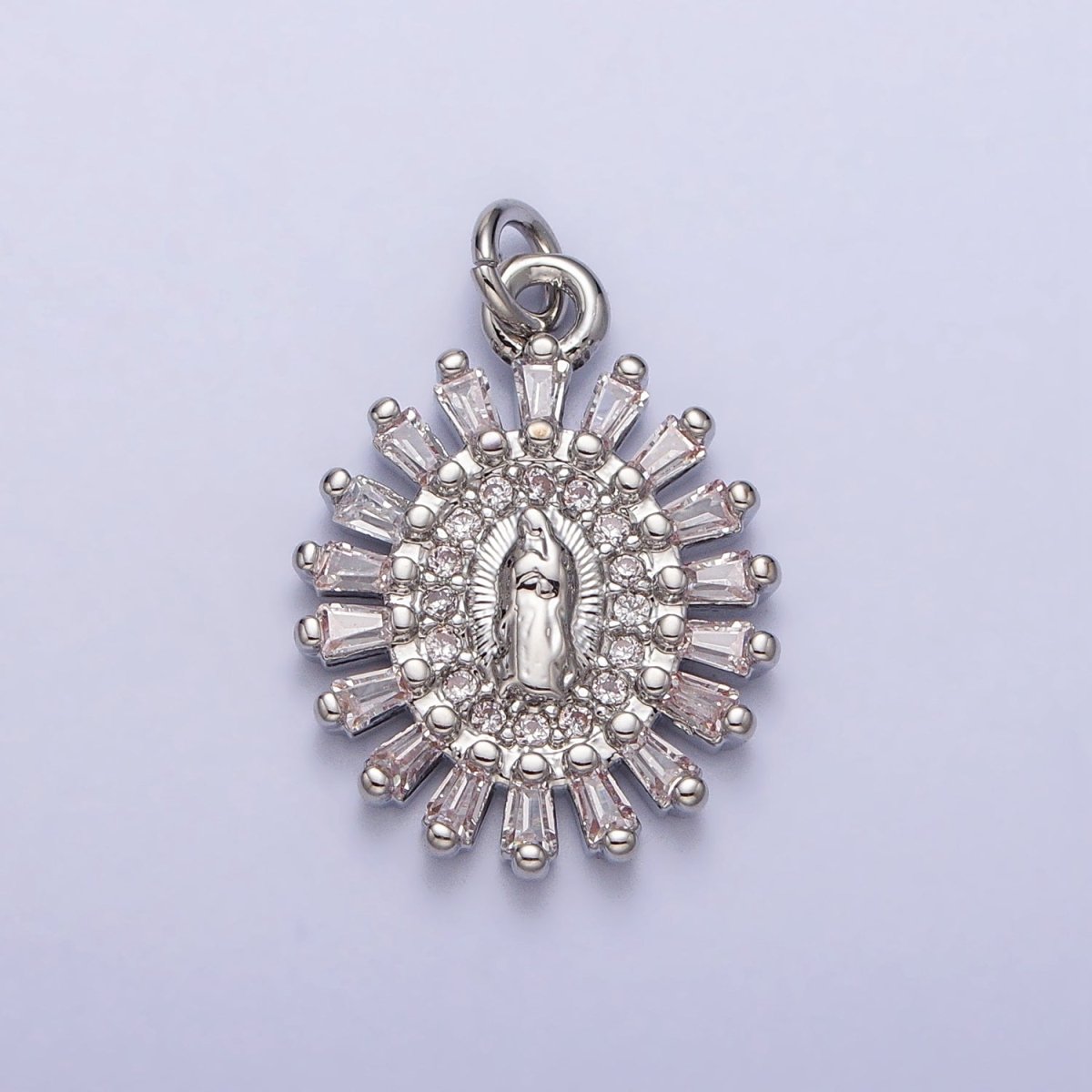 Mother Virgin Mary Beaded Baguette Beam Micro Paved Clear CZ Oval Charm in Gold & Silver | AC-262 AC-263 - DLUXCA