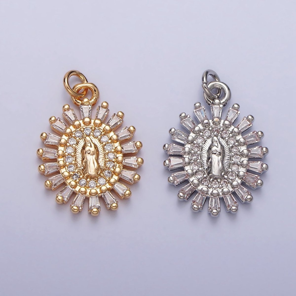 Mother Virgin Mary Beaded Baguette Beam Micro Paved Clear CZ Oval Charm in Gold & Silver | AC-262 AC-263 - DLUXCA