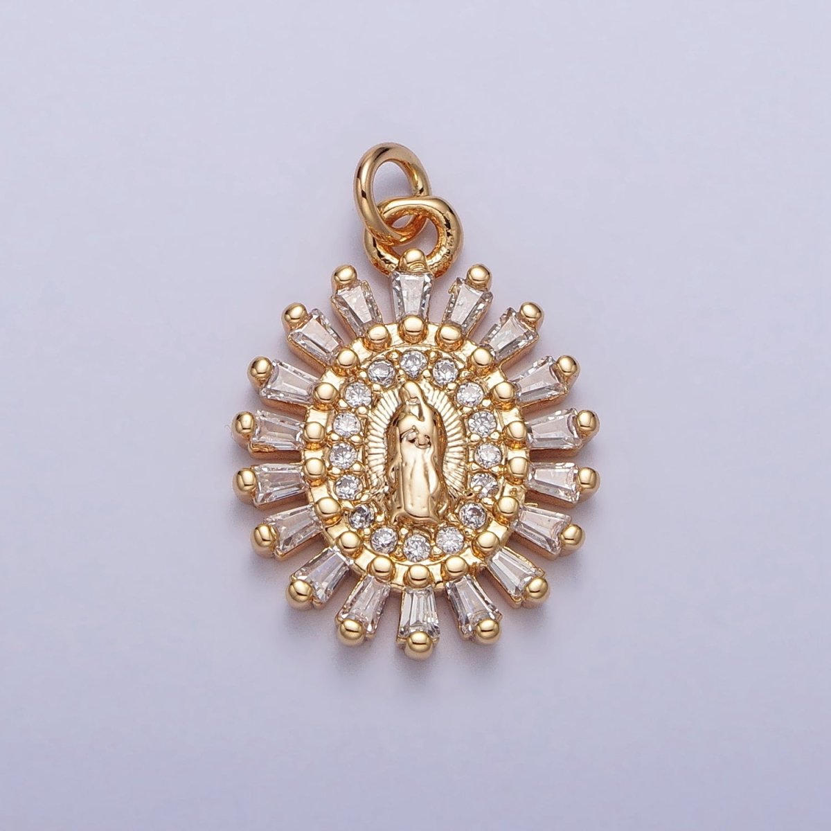 Mother Virgin Mary Beaded Baguette Beam Micro Paved Clear CZ Oval Charm in Gold & Silver | AC-262 AC-263 - DLUXCA