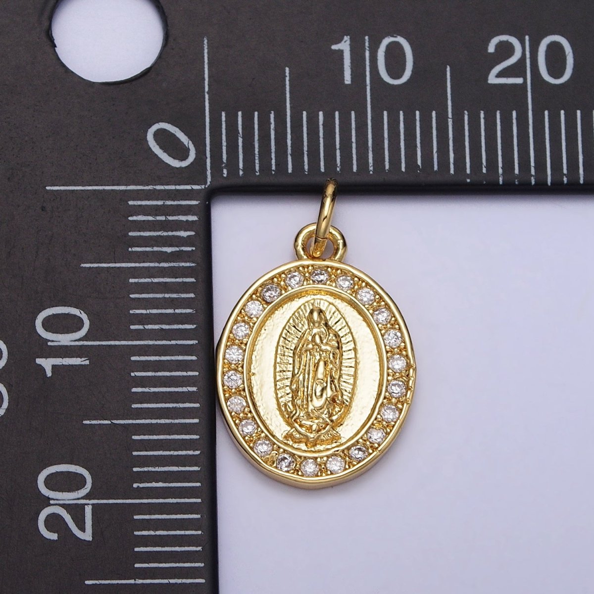 Mother Virgin Mary Clear CZ Lined Paved Religious Oval Gold Add-On Charm | AC206 - DLUXCA