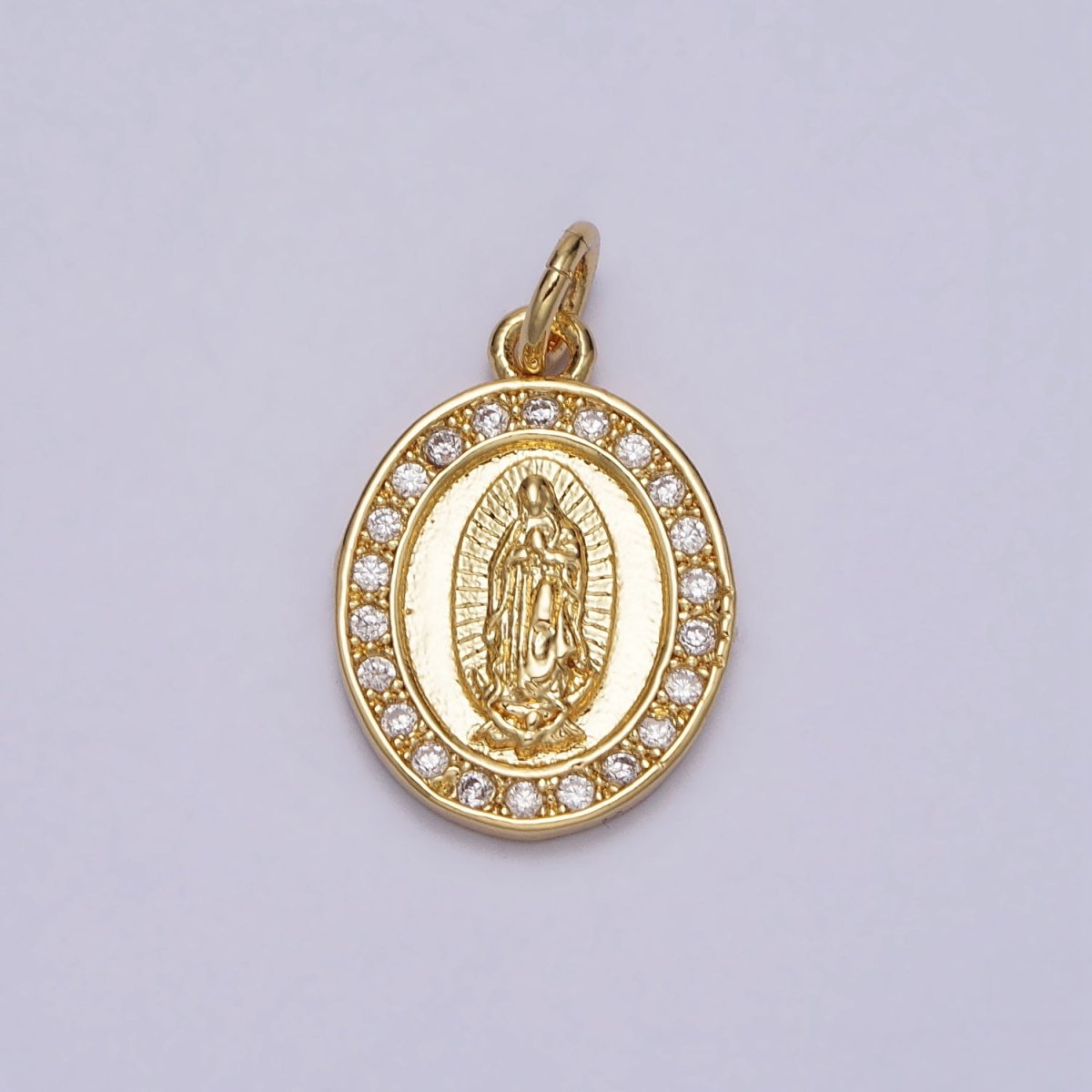 Mother Virgin Mary Clear CZ Lined Paved Religious Oval Gold Add-On Charm | AC206 - DLUXCA