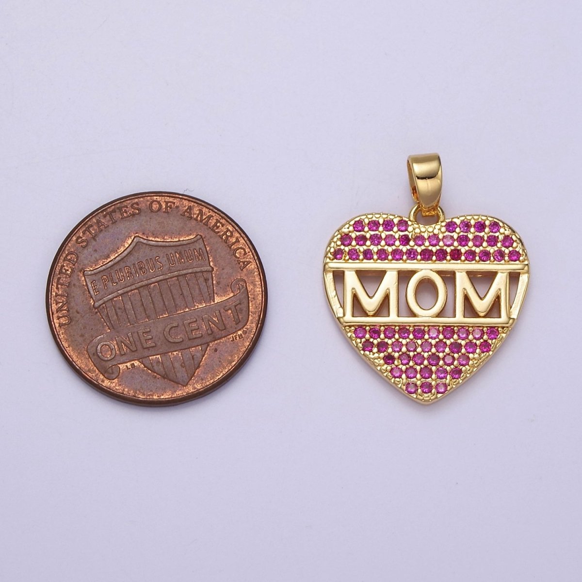 Mother's Day heart shaped Pendant CZ Pink charm Mom Script in 18k Gold Filled for DIY jewelry J-387 - DLUXCA