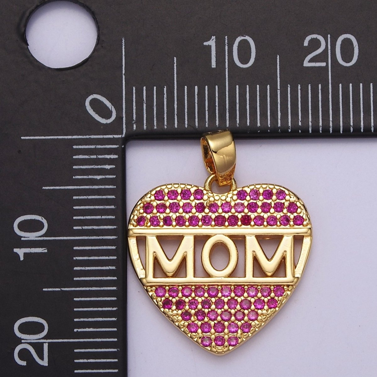 Mother's Day heart shaped Pendant CZ Pink charm Mom Script in 18k Gold Filled for DIY jewelry J-387 - DLUXCA