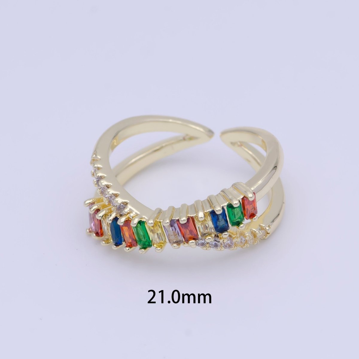 Multi Color Baguette Ring Rainbow CZ Gold Band Adjustable Ring X-620 - DLUXCA