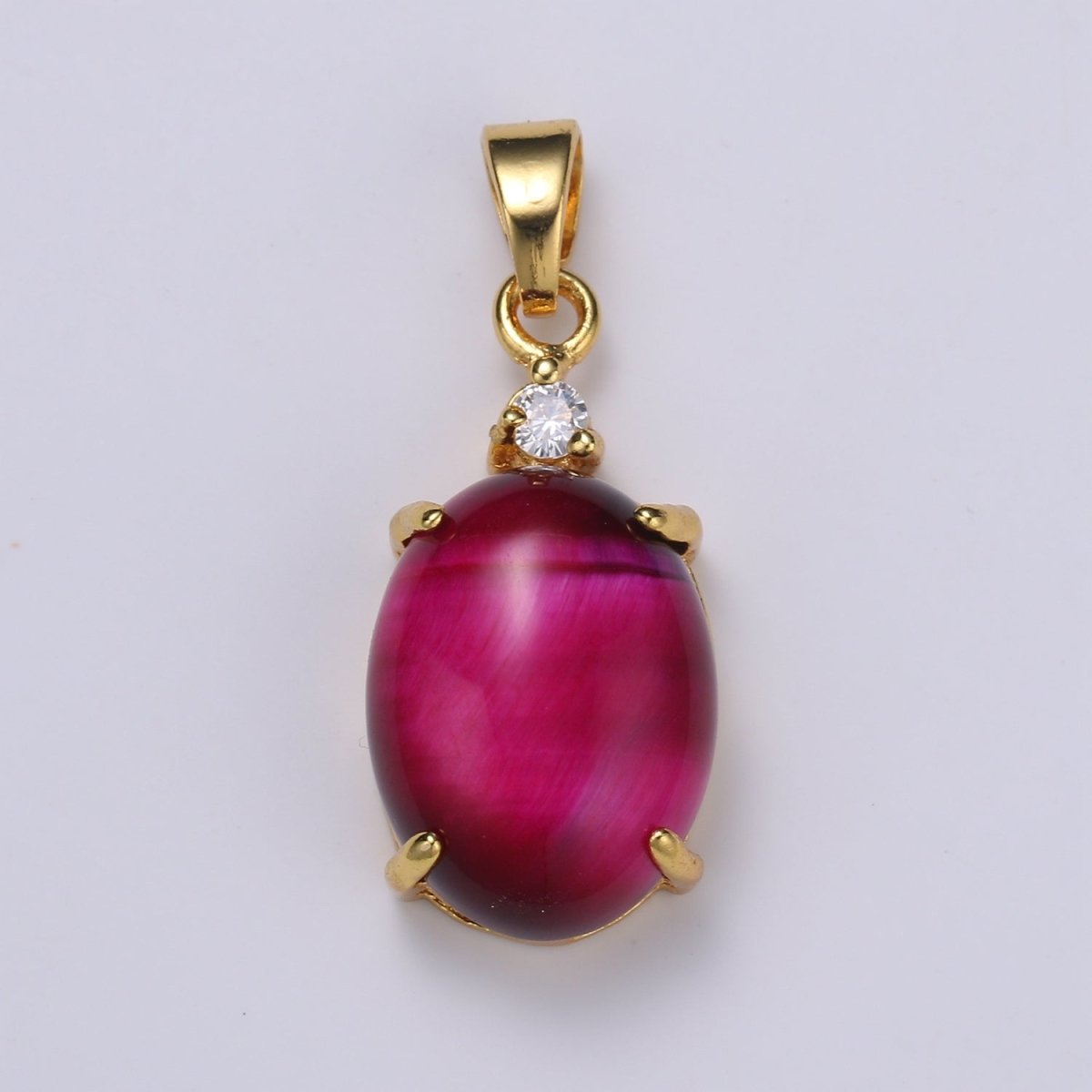 Multi Color Cat's Eye: Pink, Plum, Red Ruby, Amber, Peridot 24k Gold Solitaire CZ Pendant, Large Cat's Eye Stone I-679 ~ I-693 - DLUXCA
