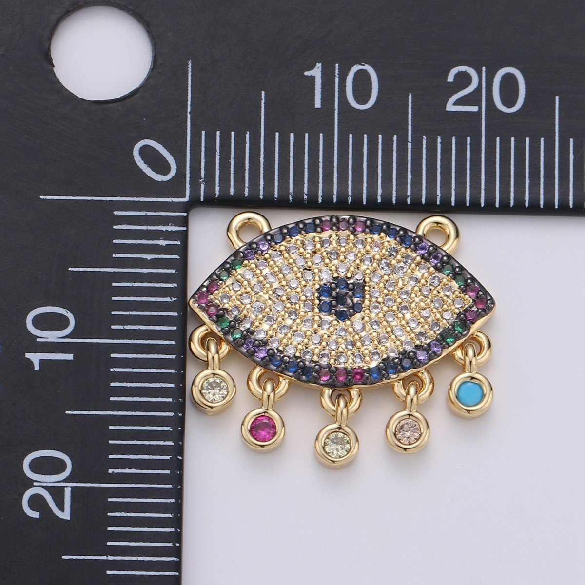 Multi color CZ Micro paved Gold Evil Eye Connectors, Rainbow Nazar Necklace Pendant, Necklace Connector Jewelry Craft Supply, Statement F-502 - DLUXCA
