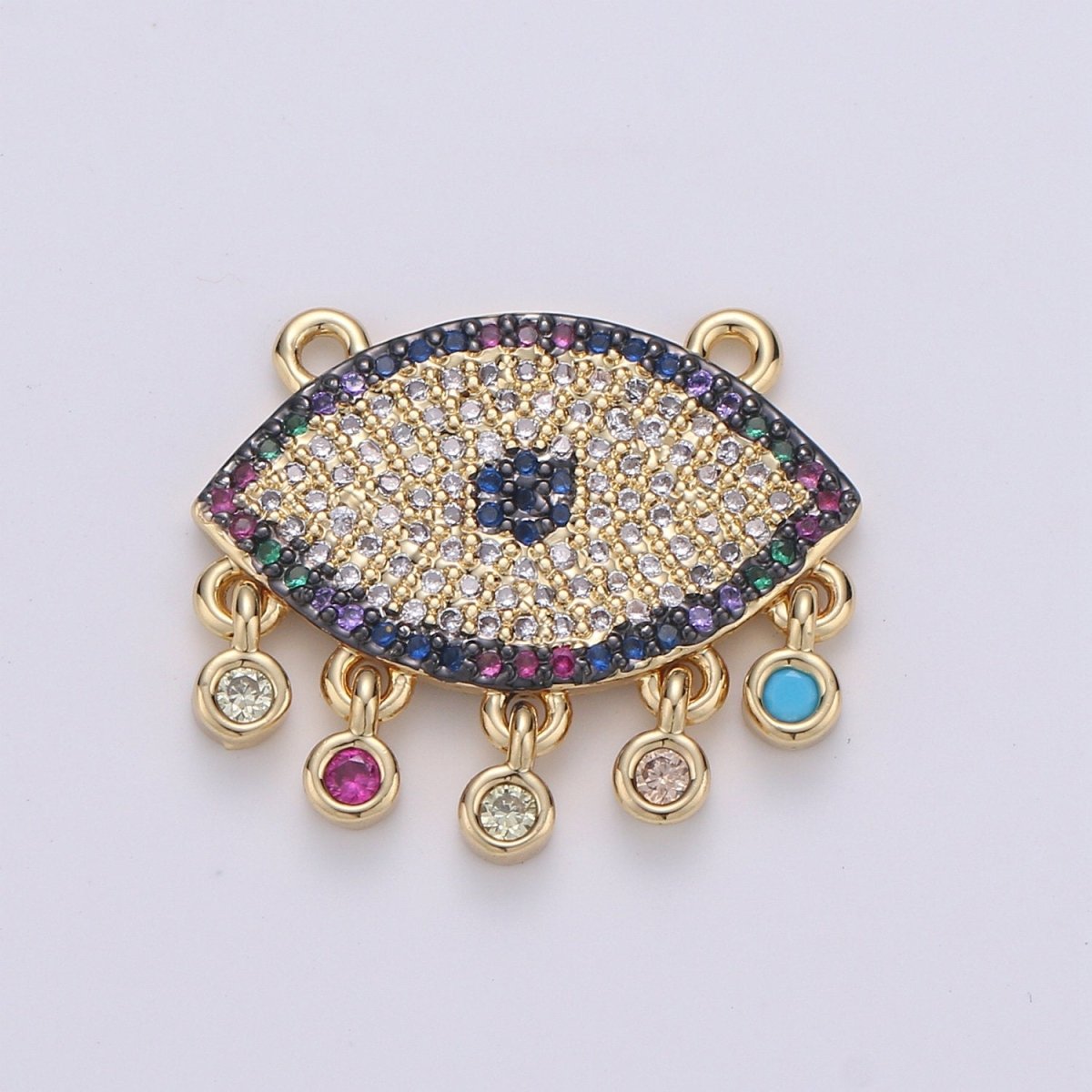 Multi color CZ Micro paved Gold Evil Eye Connectors, Rainbow Nazar Necklace Pendant, Necklace Connector Jewelry Craft Supply, Statement F-502 - DLUXCA