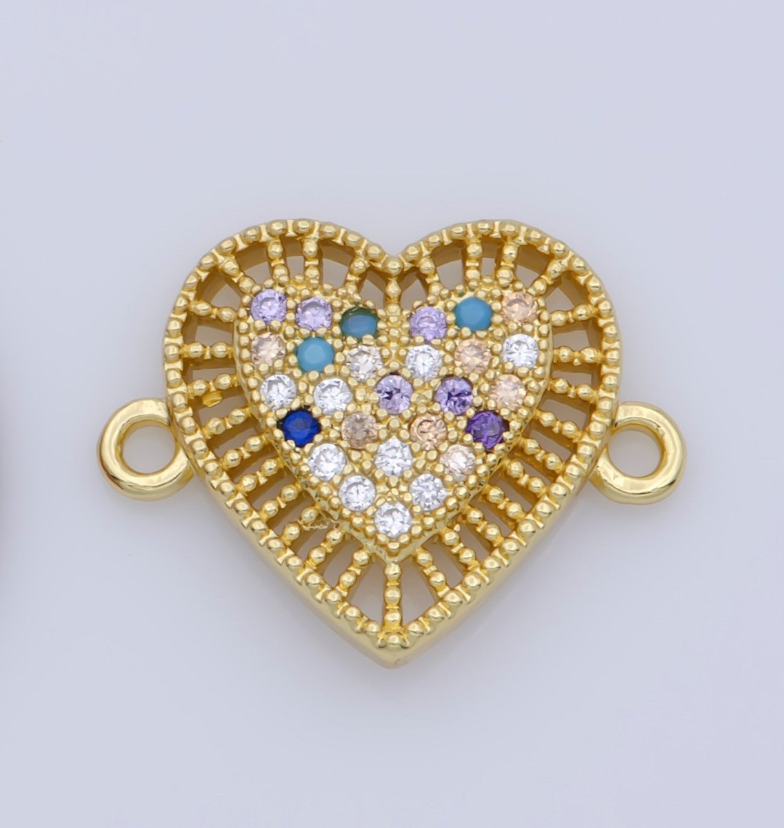 Multi Color Dainty CZ Rainbow Heart Connector 12x16mm, 14K gold Filled Cubic Zirconia Micro Pave Colorful Heart Bracelet Connector Charm F-350 - DLUXCA