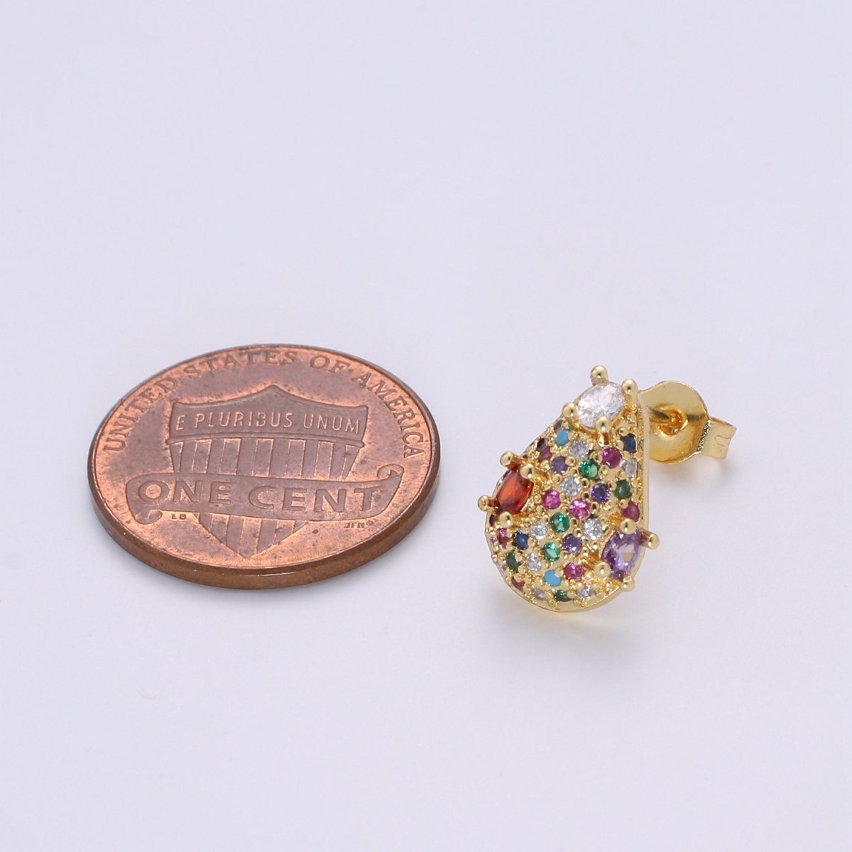 Multi Color Gold Tiny Stud Earrings - Rainbow Micro Pave Studs - Dainty CZ Studs 10mm Tear Drop Crystal Small Stud Earrings Q-311 - DLUXCA