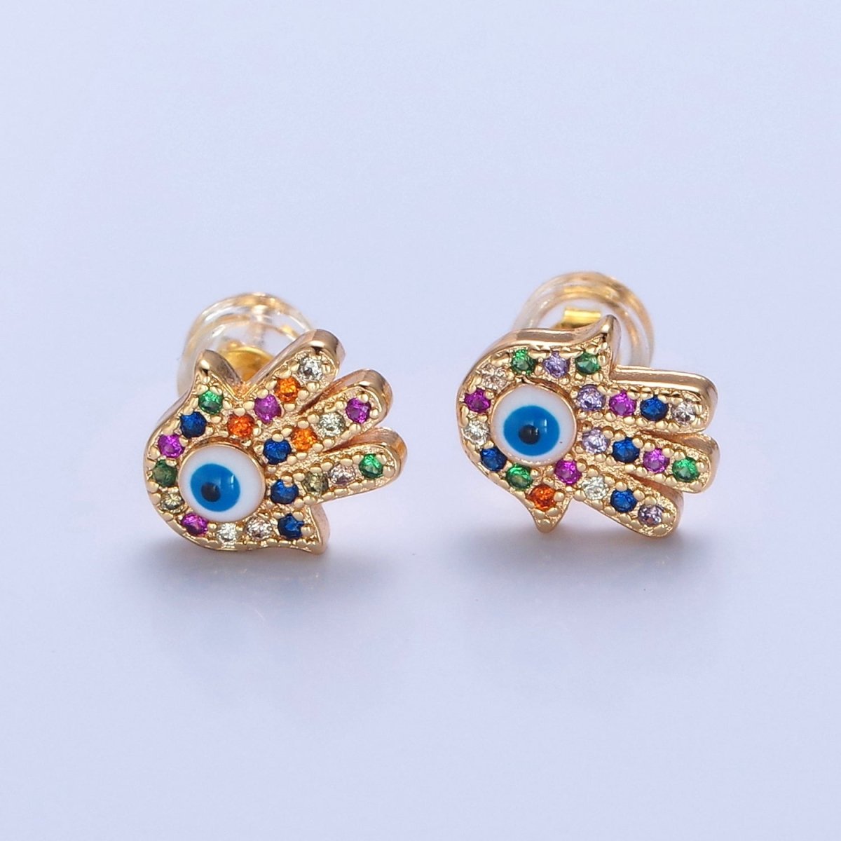 Multi Color Hand Stud Earring Gold Evil Eye Pave Earring T-500 - DLUXCA