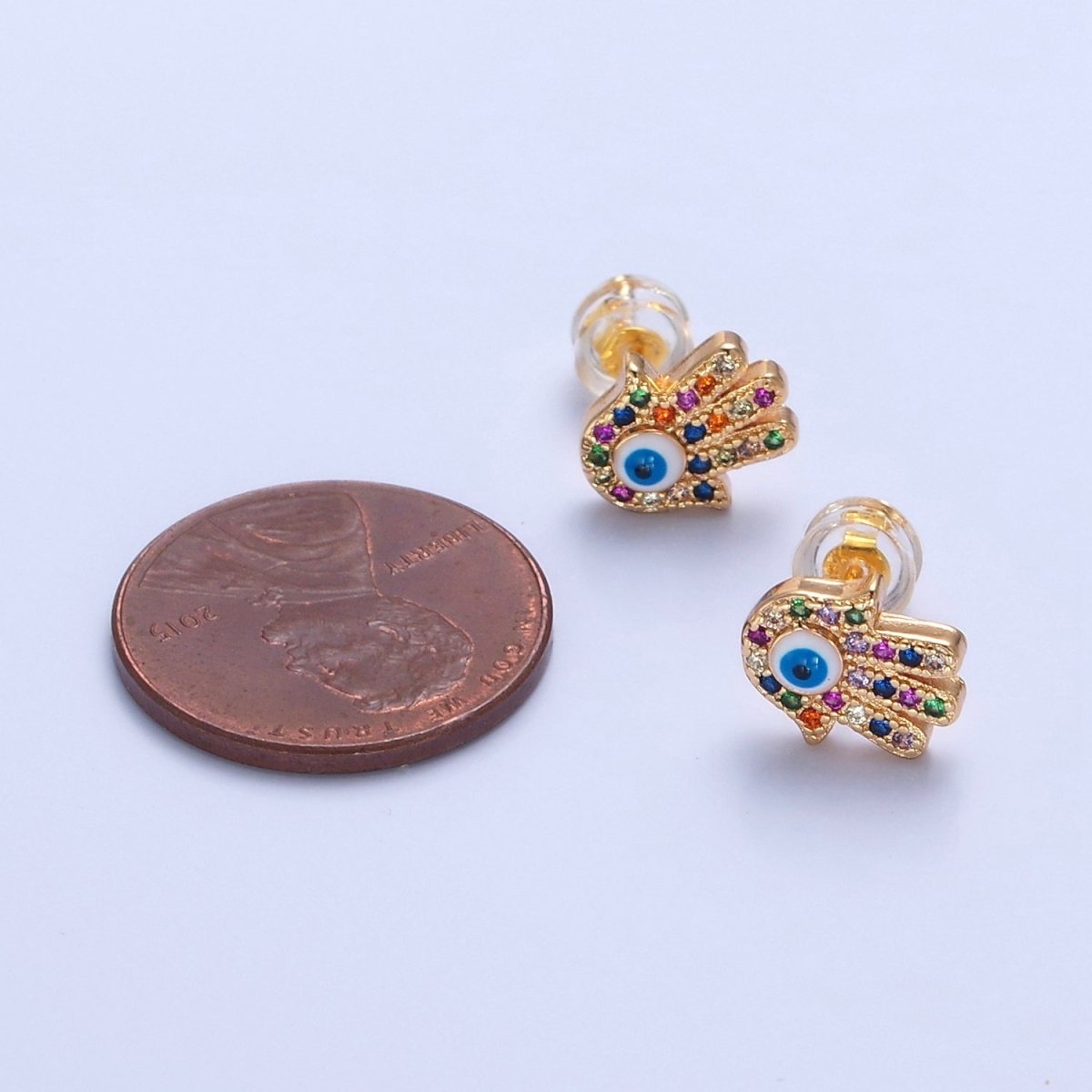 Multi Color Hand Stud Earring Gold Evil Eye Pave Earring T-500 - DLUXCA