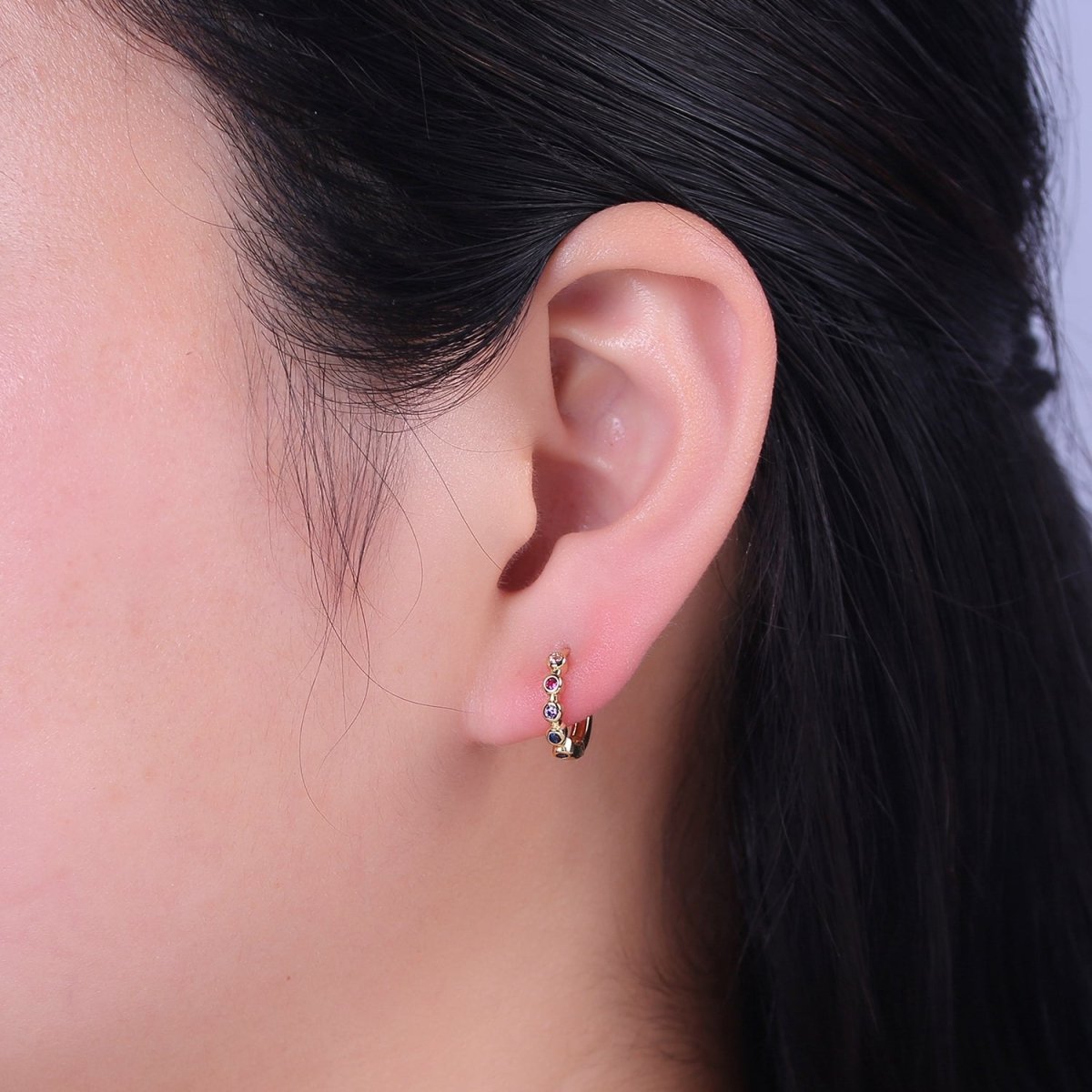 Multi Color Huggie Earring 14mm Gold Hoop Colorful CZ Earring T-359 - DLUXCA