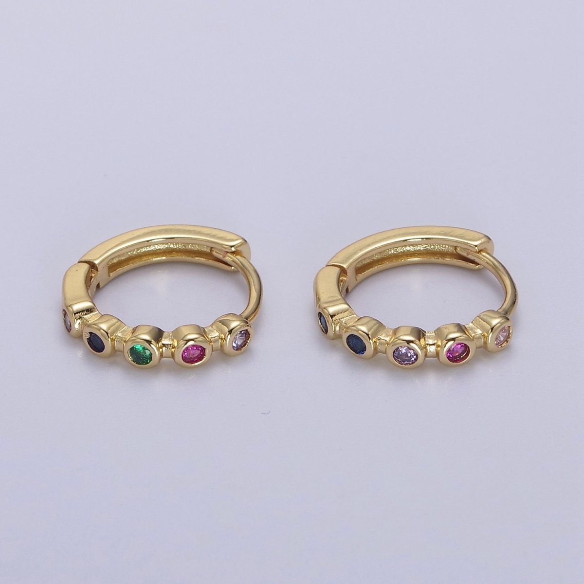 Multi Color Huggie Earring 14mm Gold Hoop Colorful CZ Earring T-359 - DLUXCA