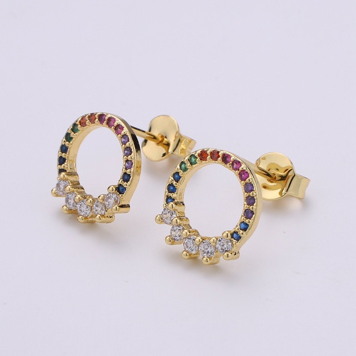 Multi Color Stud Dainty Gold Marquise Cluster Stud Earrings, Marquise Circle Stud Rainbow Stud, Gold Earring Minimalist Geometric Design Q-296 - DLUXCA