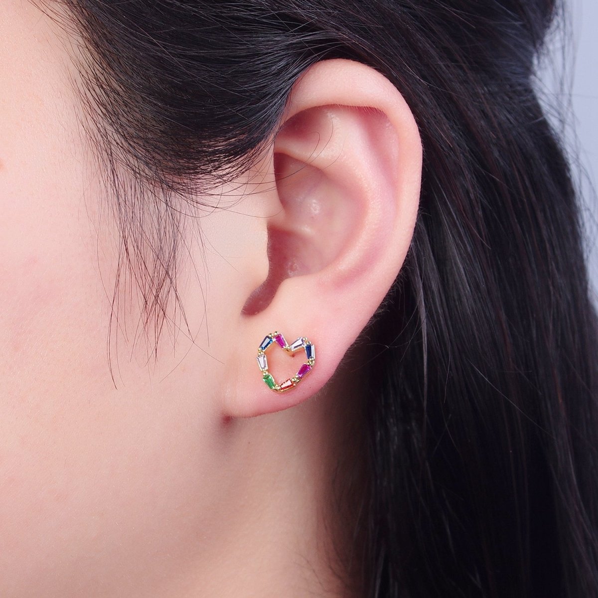 Multicolor Baguette Cubic Zirconia Heart Stud Earrings, Valentine Love CZ Earrings V-420 - DLUXCA