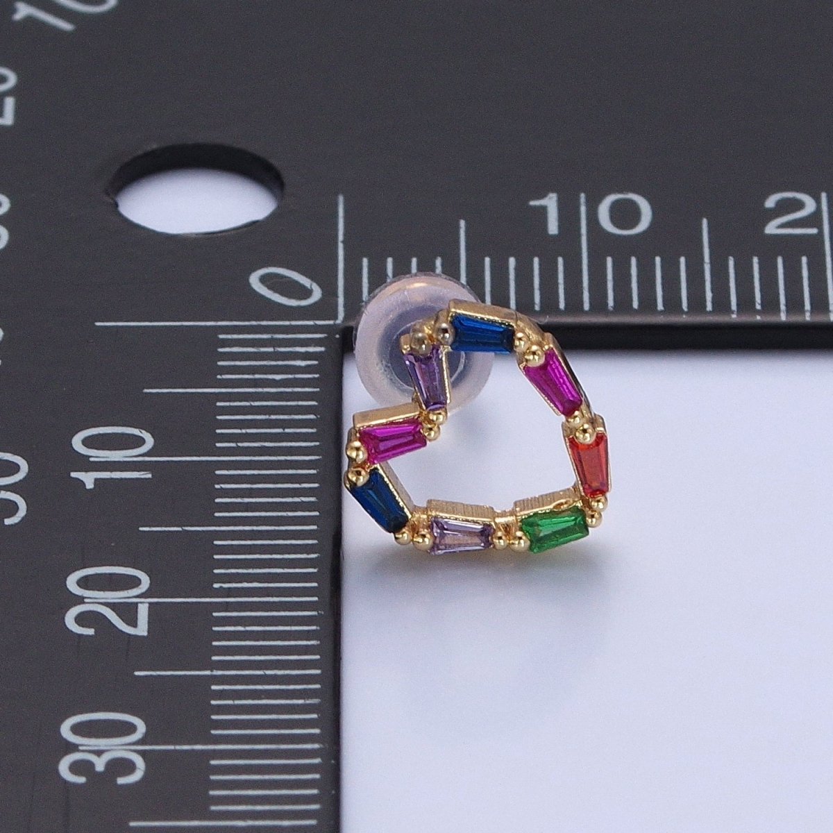 Multicolor Baguette Cubic Zirconia Heart Stud Earrings, Valentine Love CZ Earrings V-420 - DLUXCA