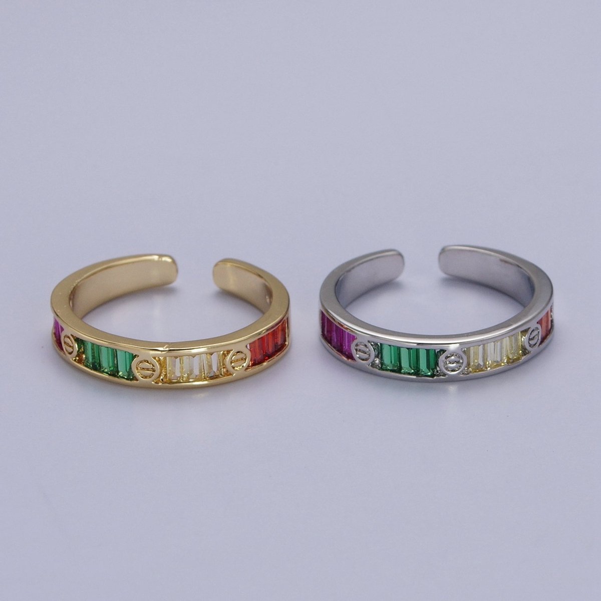 Multicolor Baguette CZ Minimalist Adjustable Ring in Gold & Silver | Y-559 Y-560 - DLUXCA