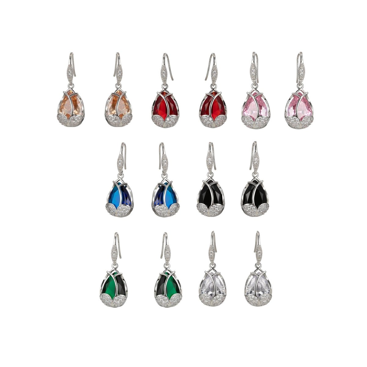 Multicolor Crystal Cubic Zirconia CZ Tulip Dangle Earring in 18K Gold & Silver - DLUXCA