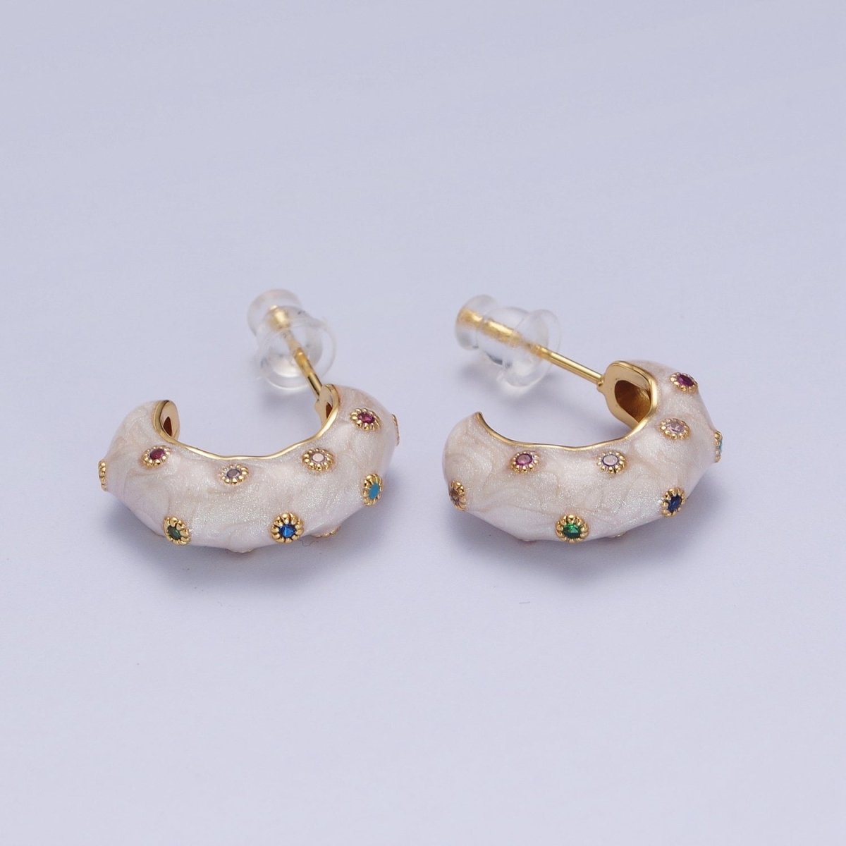 Multicolor CZ Dotted Cats Eye C Shaped Abstract Gold Hoop White Enamel Earring | Y-180 - DLUXCA