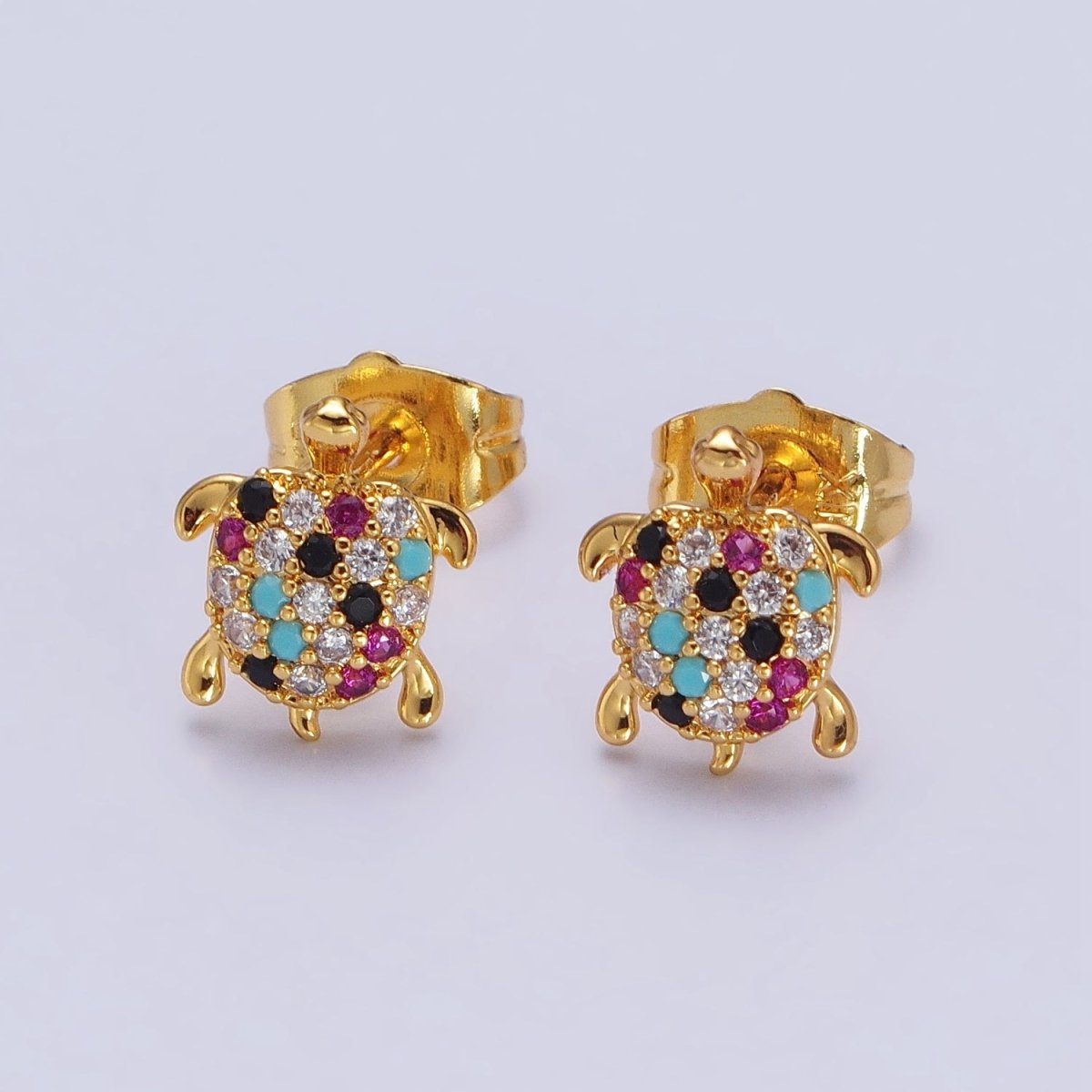 Multicolor CZ Micro Paved Turtle Sea Tortoise Gold Stud Earrings | AB120 - DLUXCA