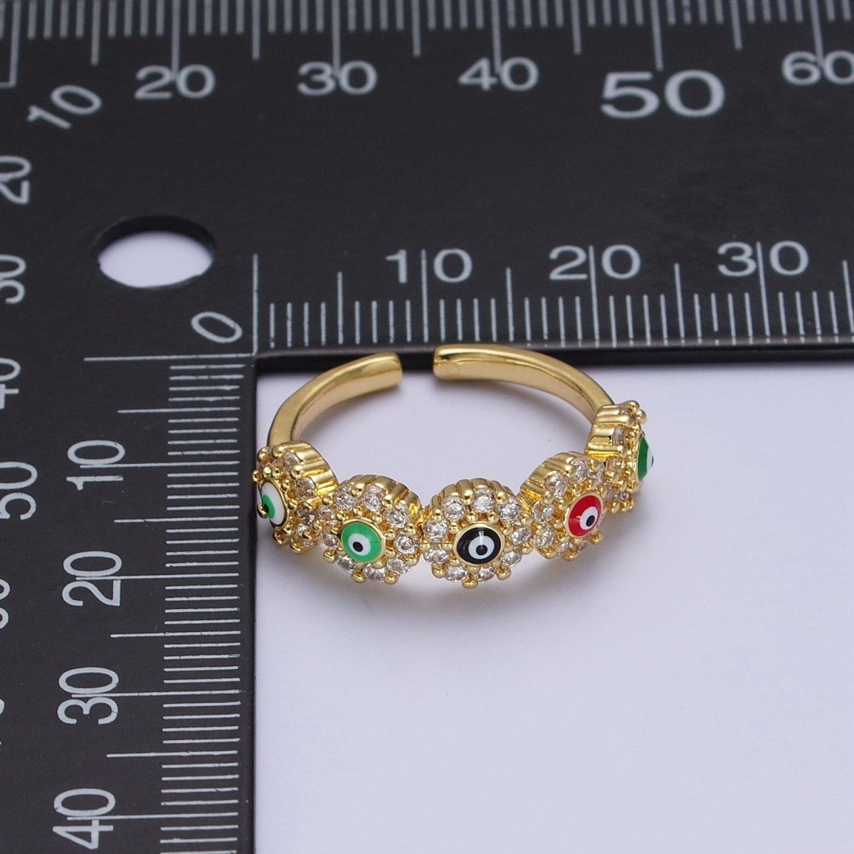 Multicolor Evil Eye Enamel Round Micro Paved CZ Gold Ring | Y-364 - DLUXCA
