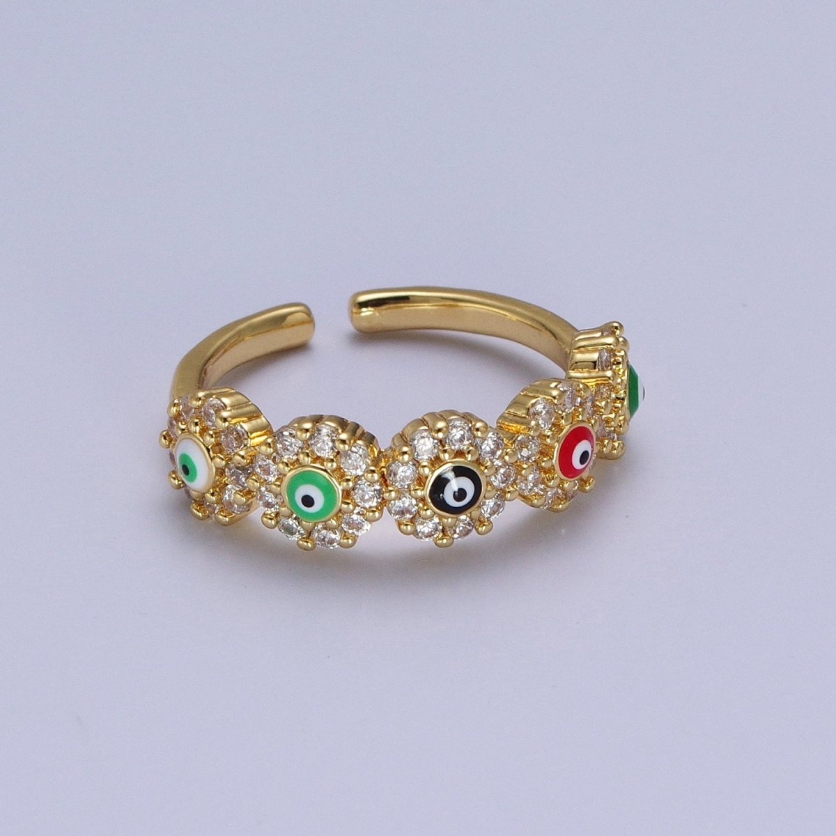 Multicolor Evil Eye Enamel Round Micro Paved CZ Gold Ring | Y-364 - DLUXCA