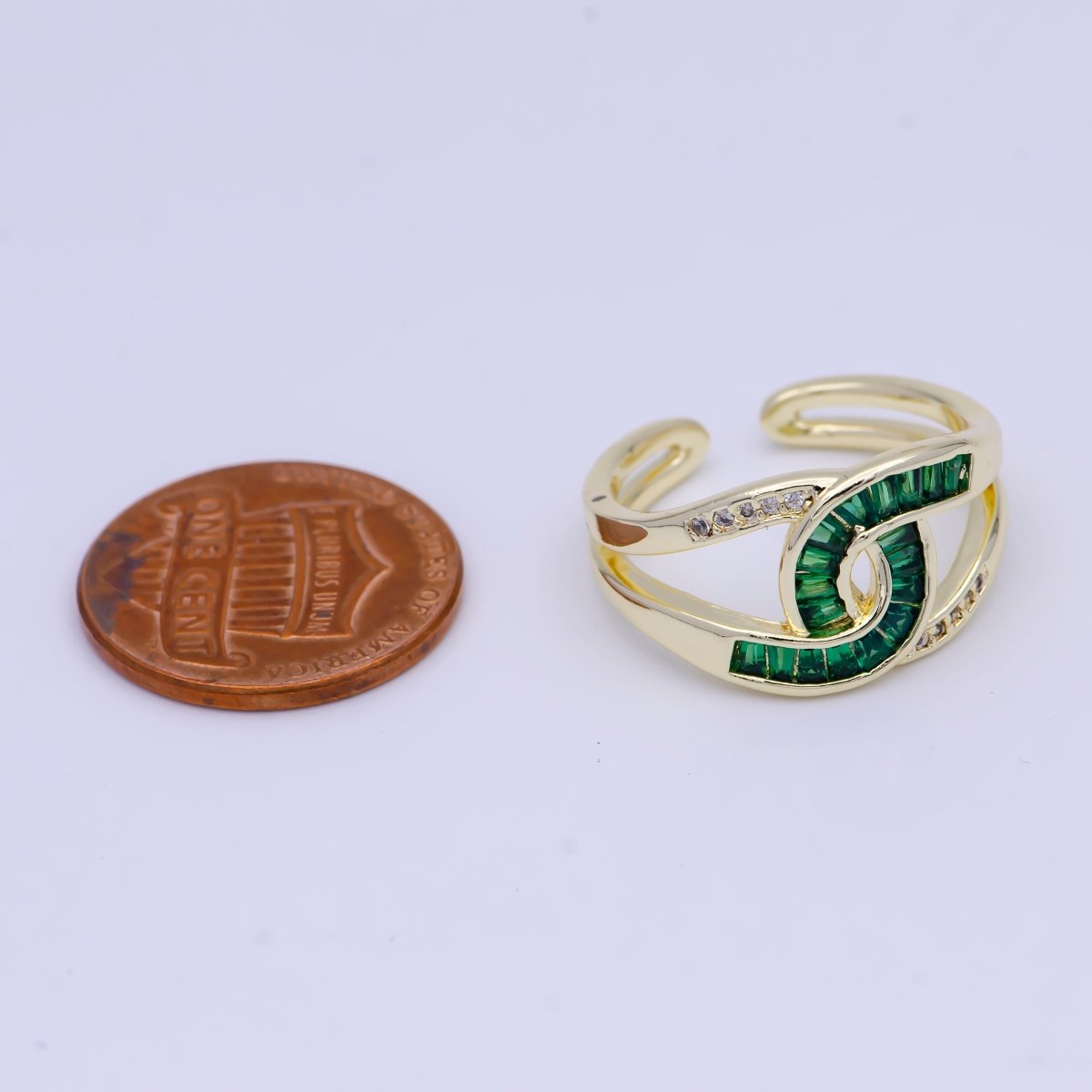 Multicolor, Green, Clear Baguette Micro Paved Knot Double Band Gold Ring | O-925, X-619, X-624 - DLUXCA