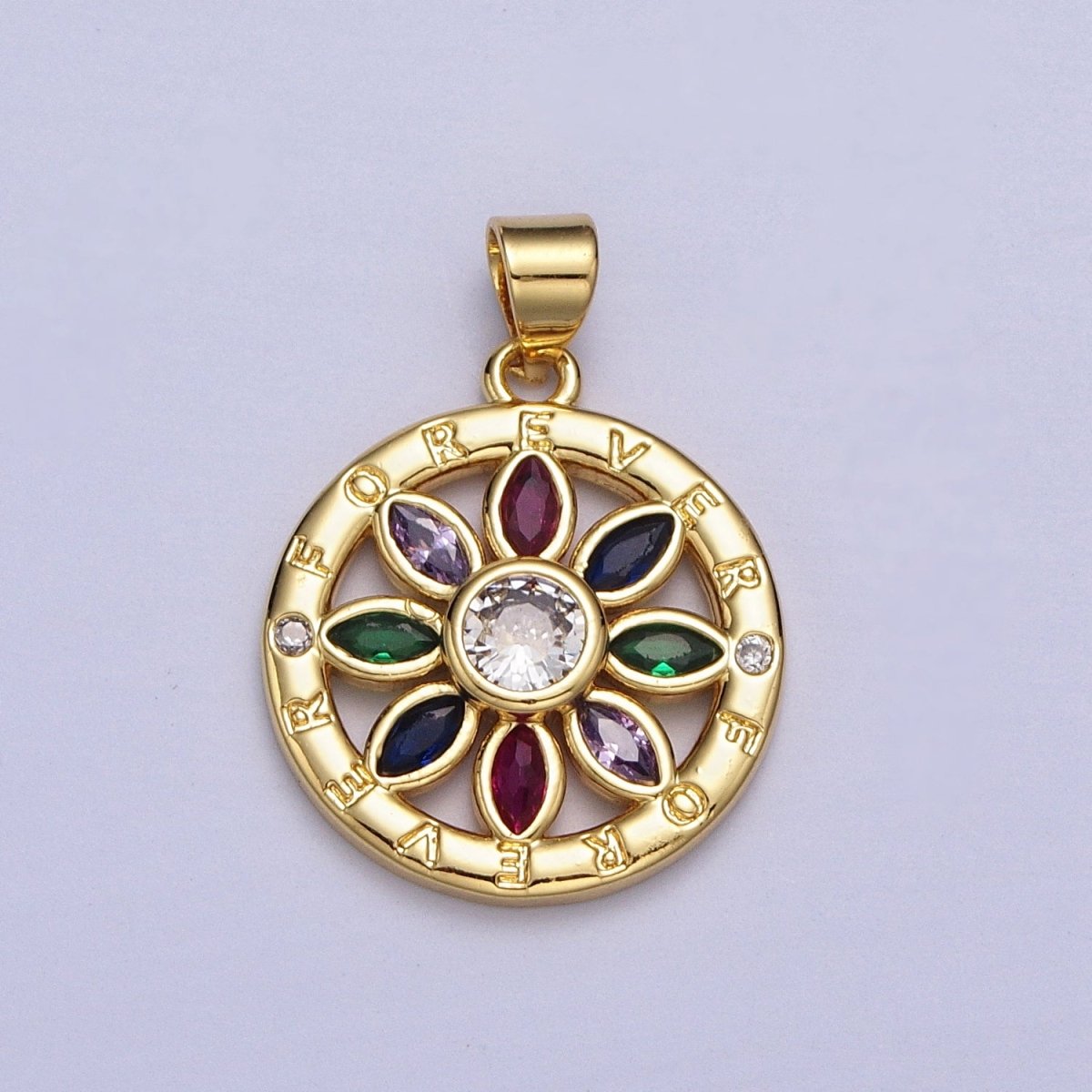 Multicolor Marquise CZ Flower "Forever" Script Round Gold Pendant | AA008 - DLUXCA