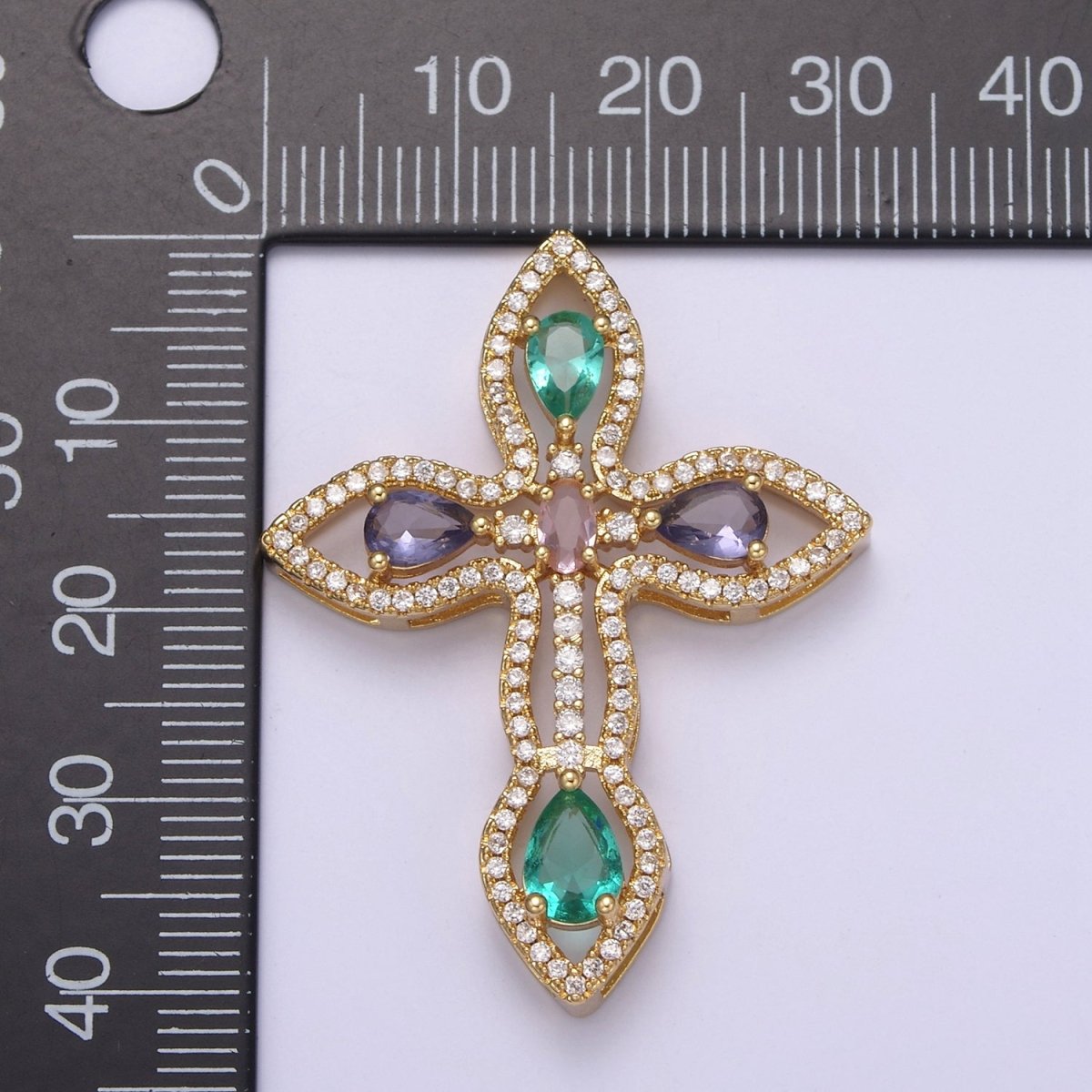 Multicolor Micro Pave Religious Cross Pendant, Purple Green Pink Cubic Zirconia Christian Catholic Charm Supply For DIY Jewelry Making N-536 - DLUXCA