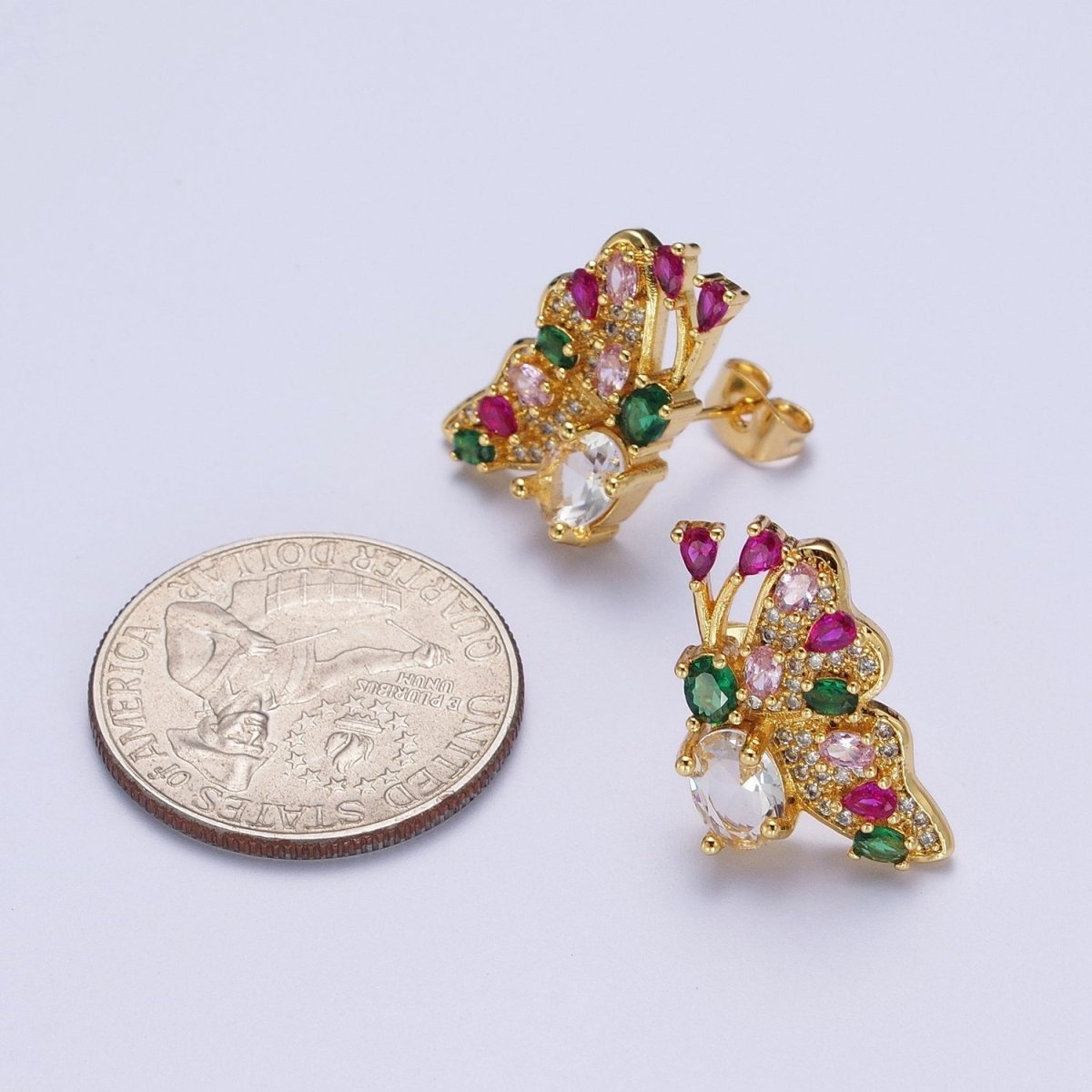 Multicolor Micro Paved Mariposa Butterfly Cubic Zirconia CZ Teardrop Oval Gold Stud Earrings | P-276 - DLUXCA