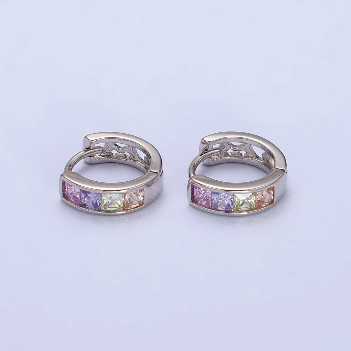 Multicolor Pastel Checkered Square CZ 12mm Cartilage Silver Huggie Earrings | AB268 - DLUXCA