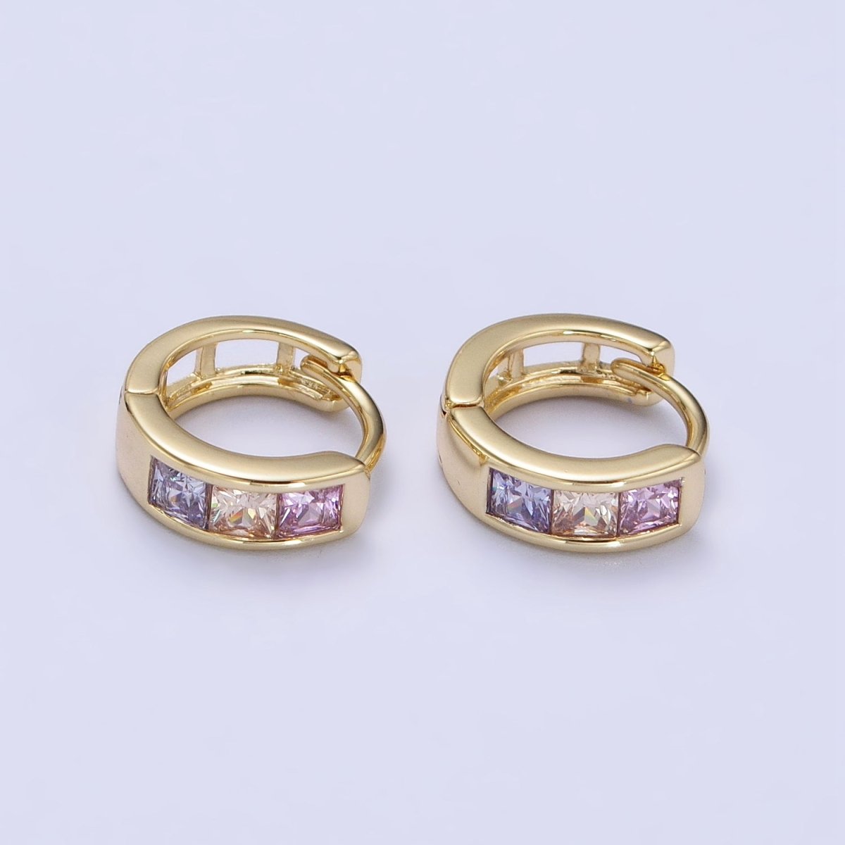 Multicolor Pastel Square CZ 11mm Gold Huggie Earrings | AA342 - DLUXCA