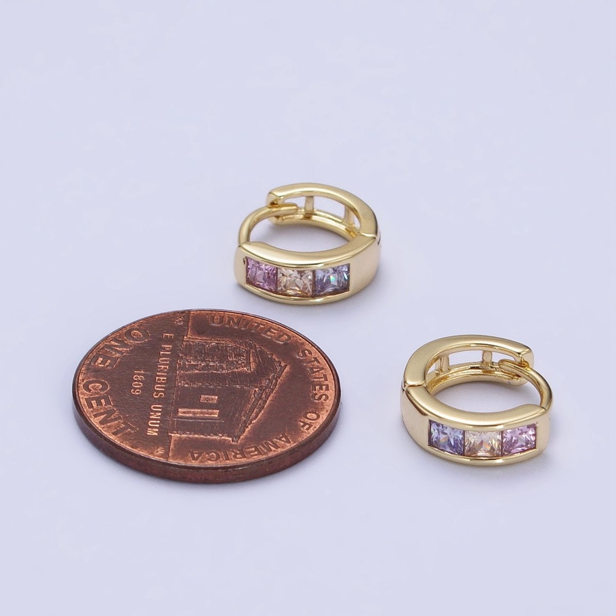 Multicolor Pastel Square CZ 11mm Gold Huggie Earrings | AA342 - DLUXCA
