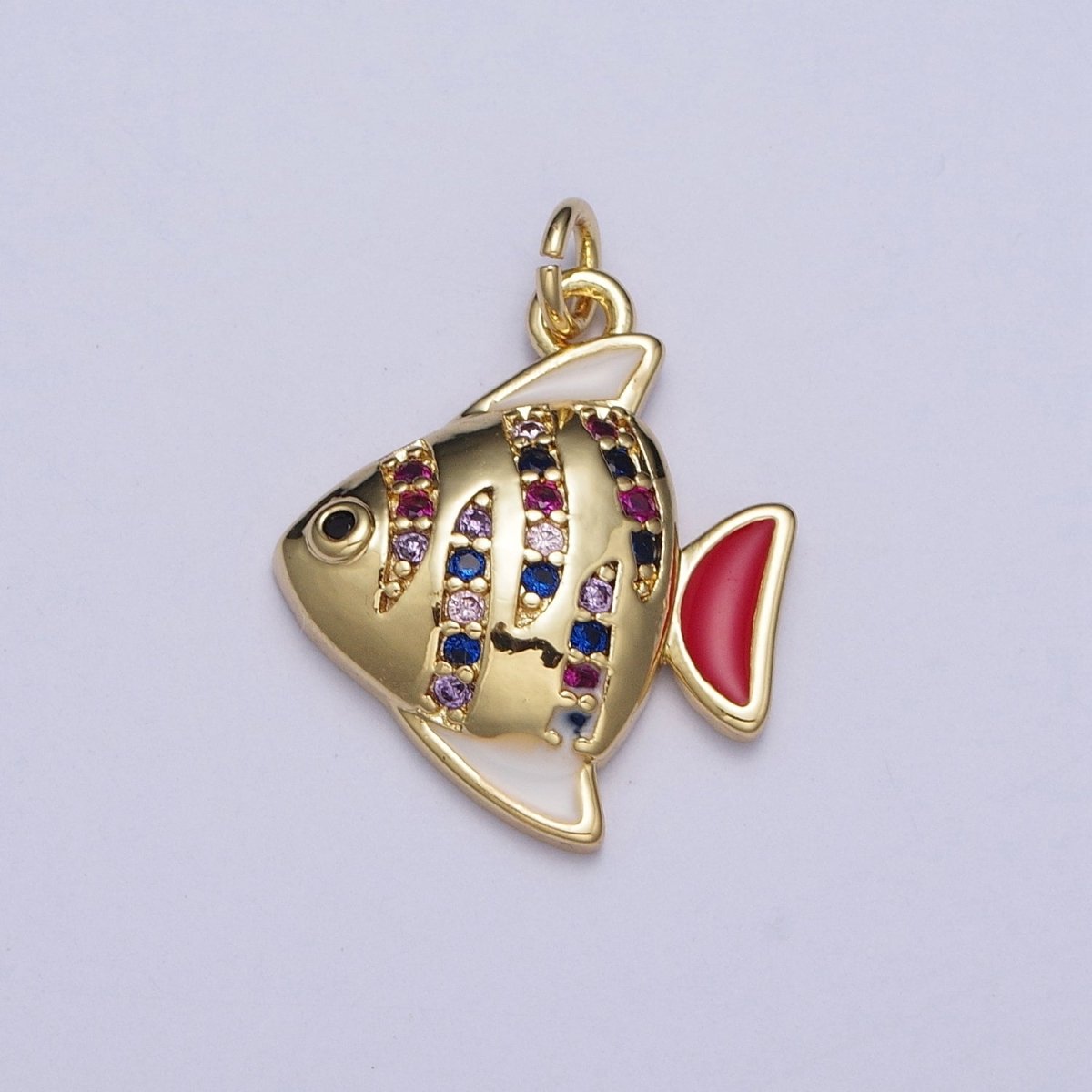 Multicolor Rainbow Micro Paved Gold Angel Fish Charm with Red & White Enamel Fins Charms For Jewelry Making AG-121 - DLUXCA