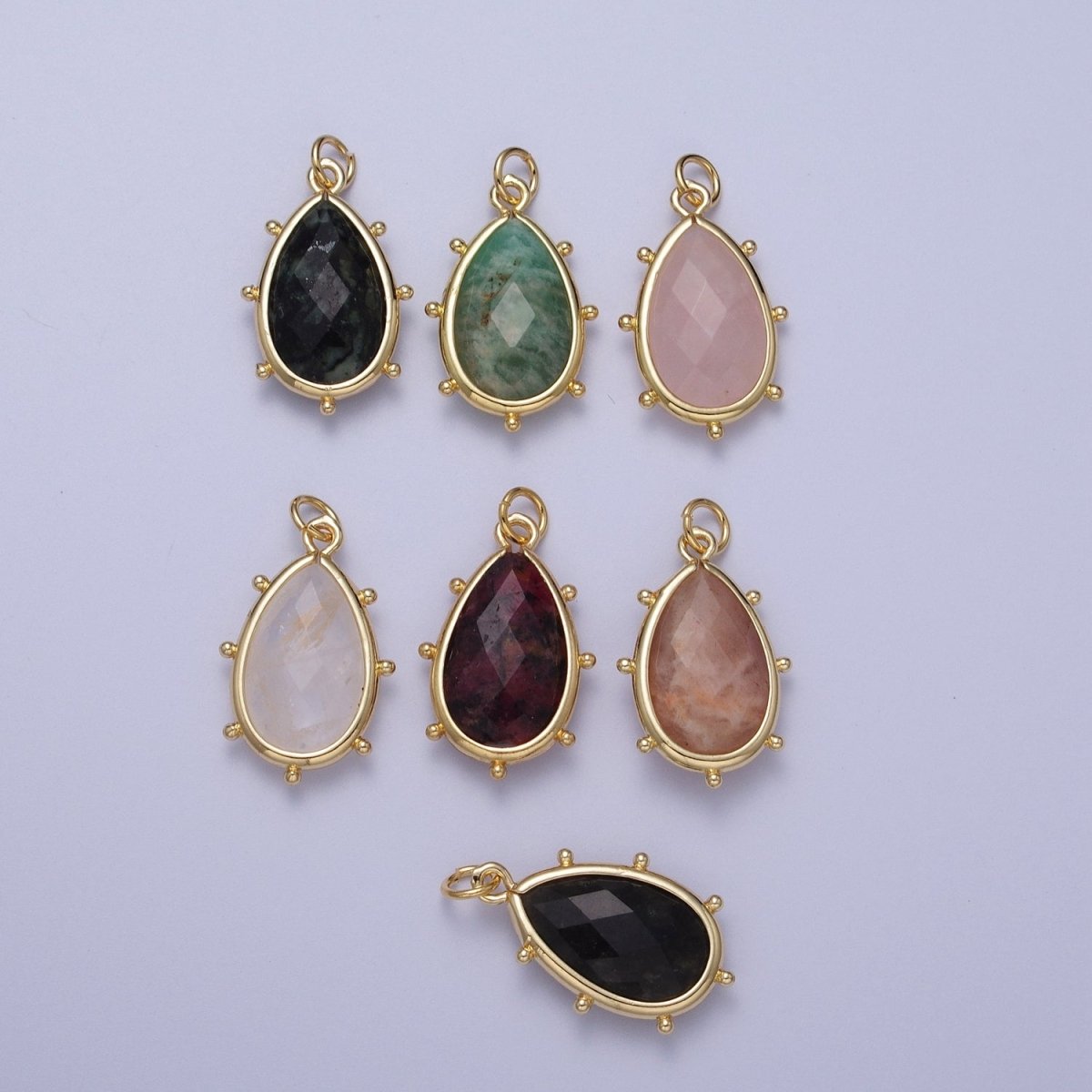 Multifaceted Chalcedony Natural Stone Teardrop Gold Charm C-040 C-045 C-052 C-067 C-081 C-101 - DLUXCA