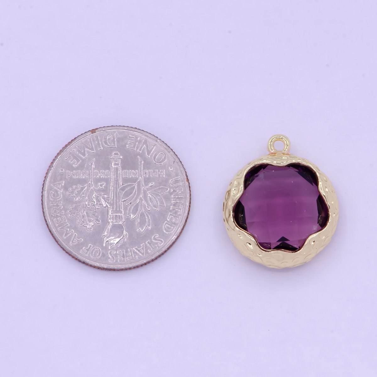 Multifaceted Purple CZ Flower Geometric Hammered Round Gold Charm AG-079 - DLUXCA