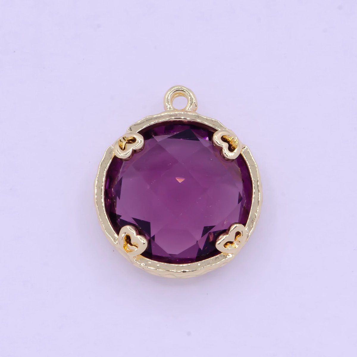 Multifaceted Purple CZ Flower Geometric Hammered Round Gold Charm AG-079 - DLUXCA