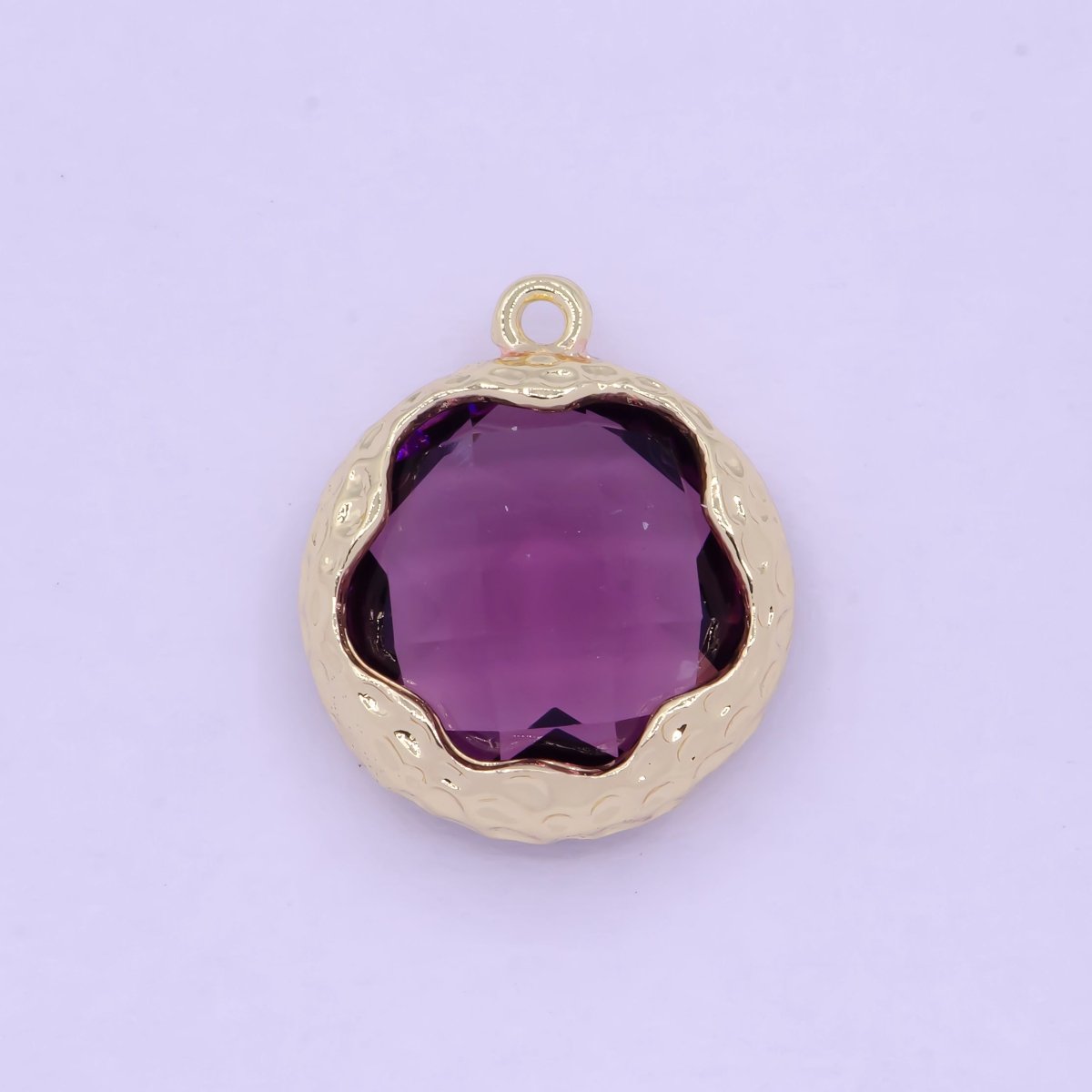 Multifaceted Purple CZ Flower Geometric Hammered Round Gold Charm AG-079 - DLUXCA