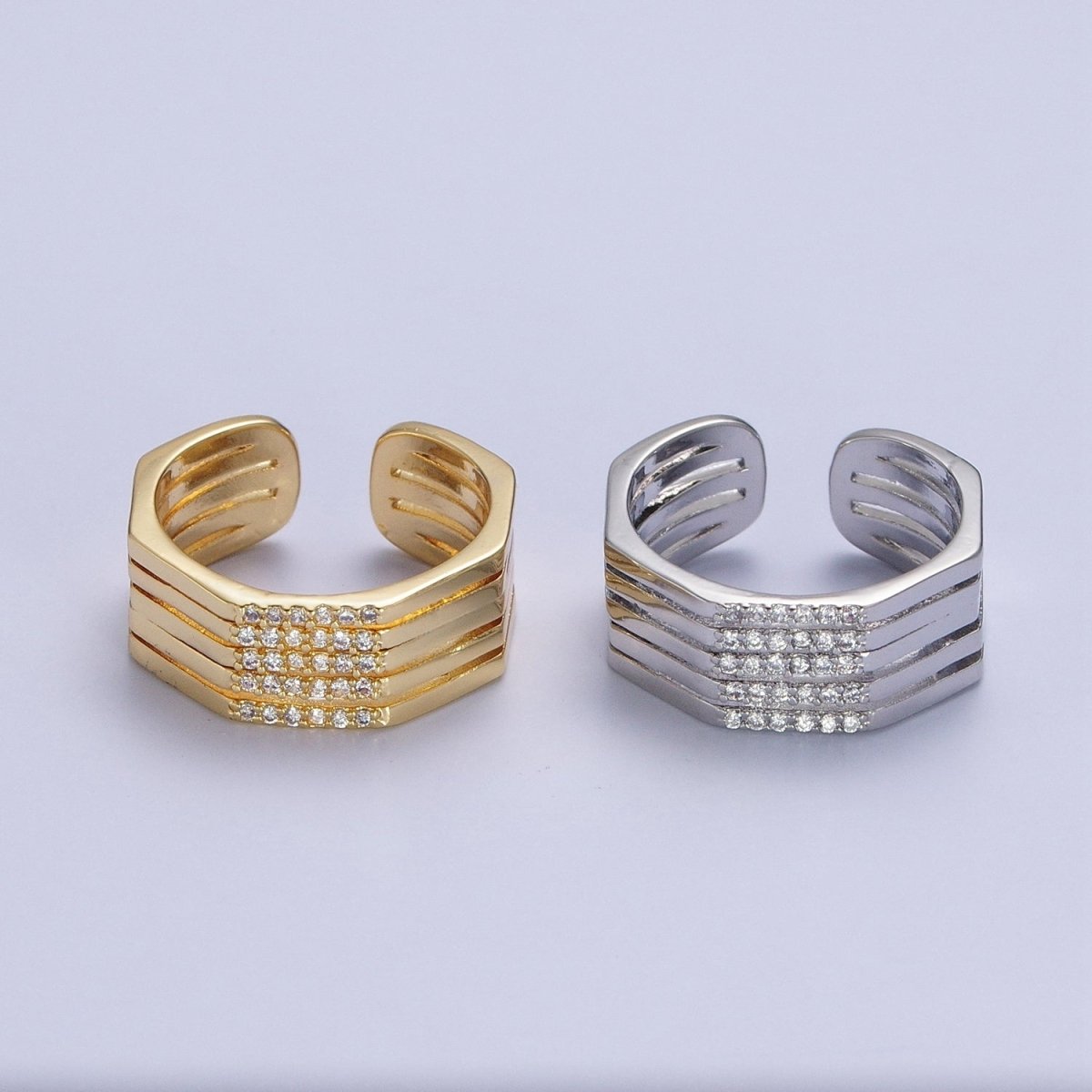 Multiple Band Clear Micro Pave Cubic Zirconia Wide Band Gold & Silver Adjustable Ring R-173 R-175 - DLUXCA