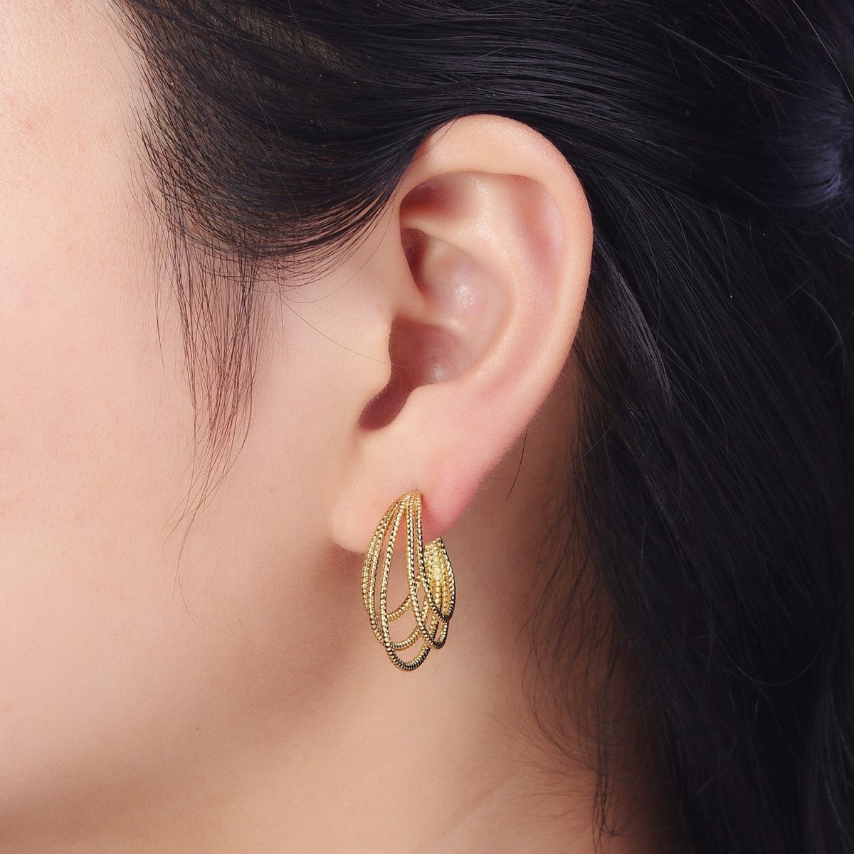 Multiple Gold Beaded C-Shaped Geometric Lined Hoop Earrings | AB035 - DLUXCA
