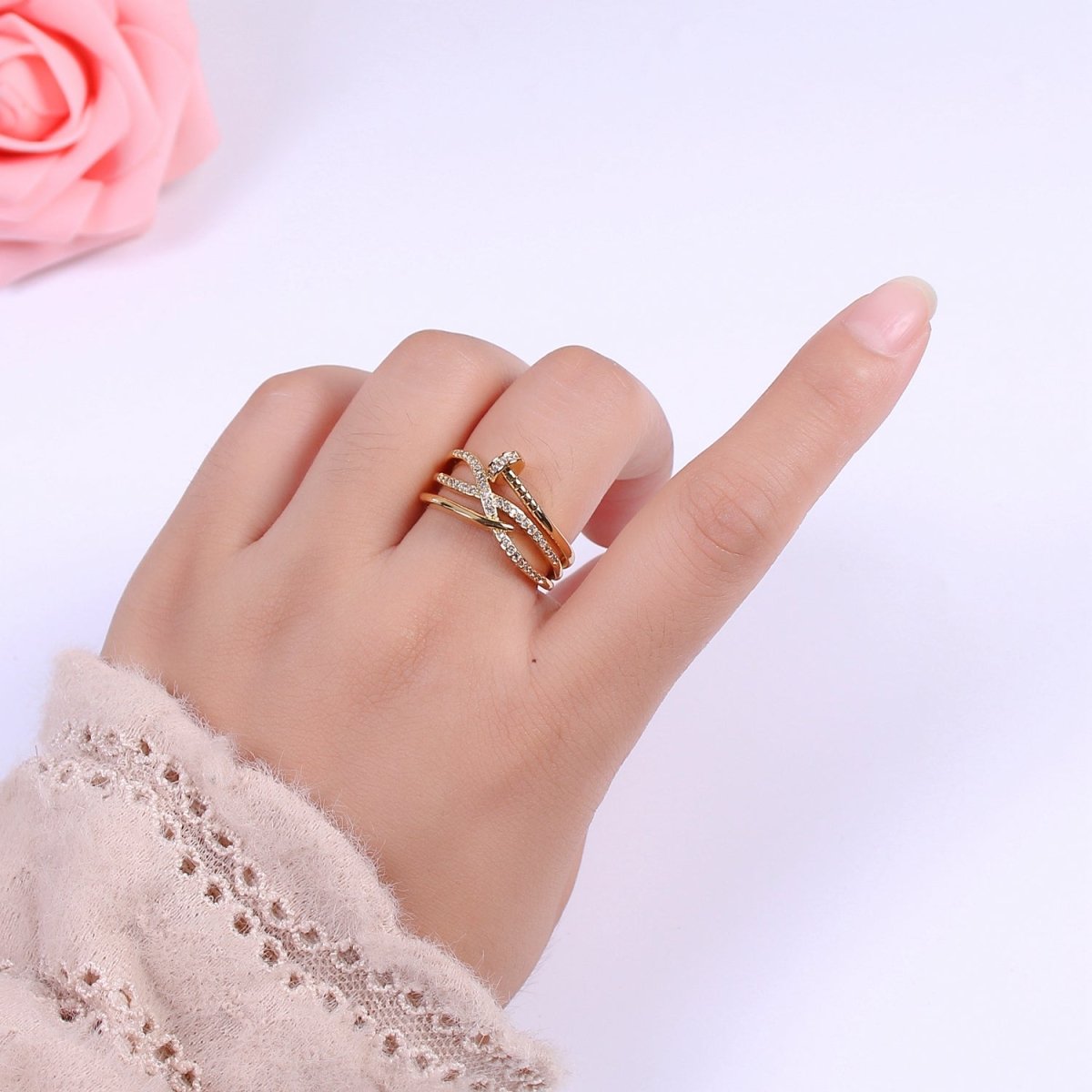 Nail ring Gold Cross Over Nail wrap ring CZ Gold ring Spiral nail ring Unique ring Nail jewelry Adjustable ring U-124 - DLUXCA