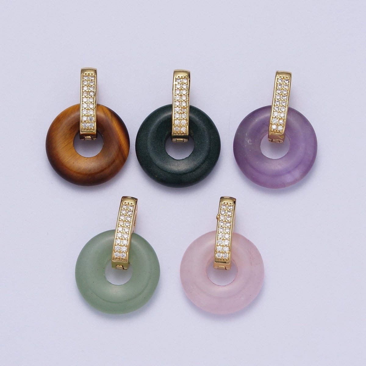 Natural Amethyst, Onyx, Jade, Tiger Eye, Rose Quartz Donut Micro Paved Pendant H-267 H-270 H-271 H-272 H-273 - DLUXCA