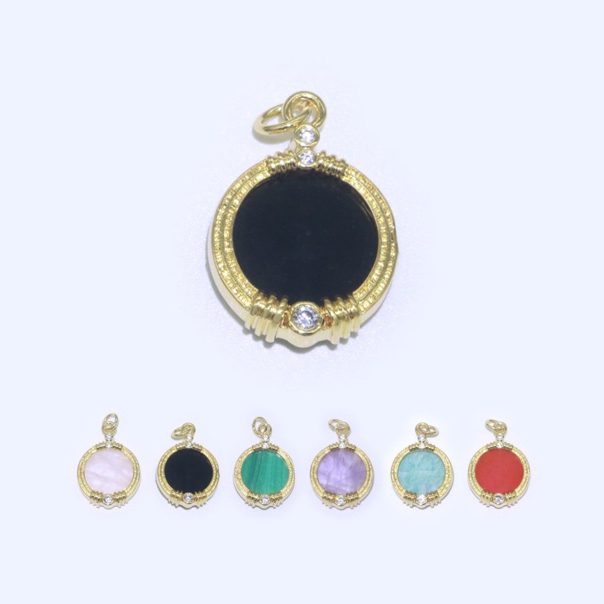 Natural Gemstone charms, 15.2mm Round Coin pendant, Gold Filled pendant Onyx, Malachite, Quartz, Amethyst, Amazonite, Rubi Previous Stone M-404 - M-409 - DLUXCA