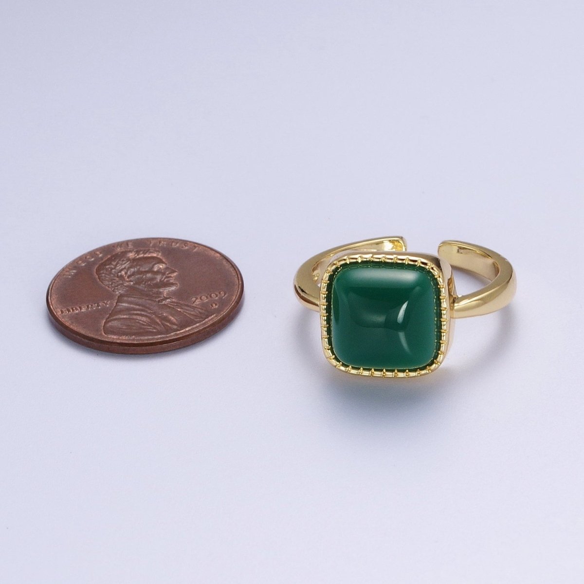 Natural Green Agate Rectangle Natural Stone Minimalist Adjustable Gold Ring | Y-318 - DLUXCA