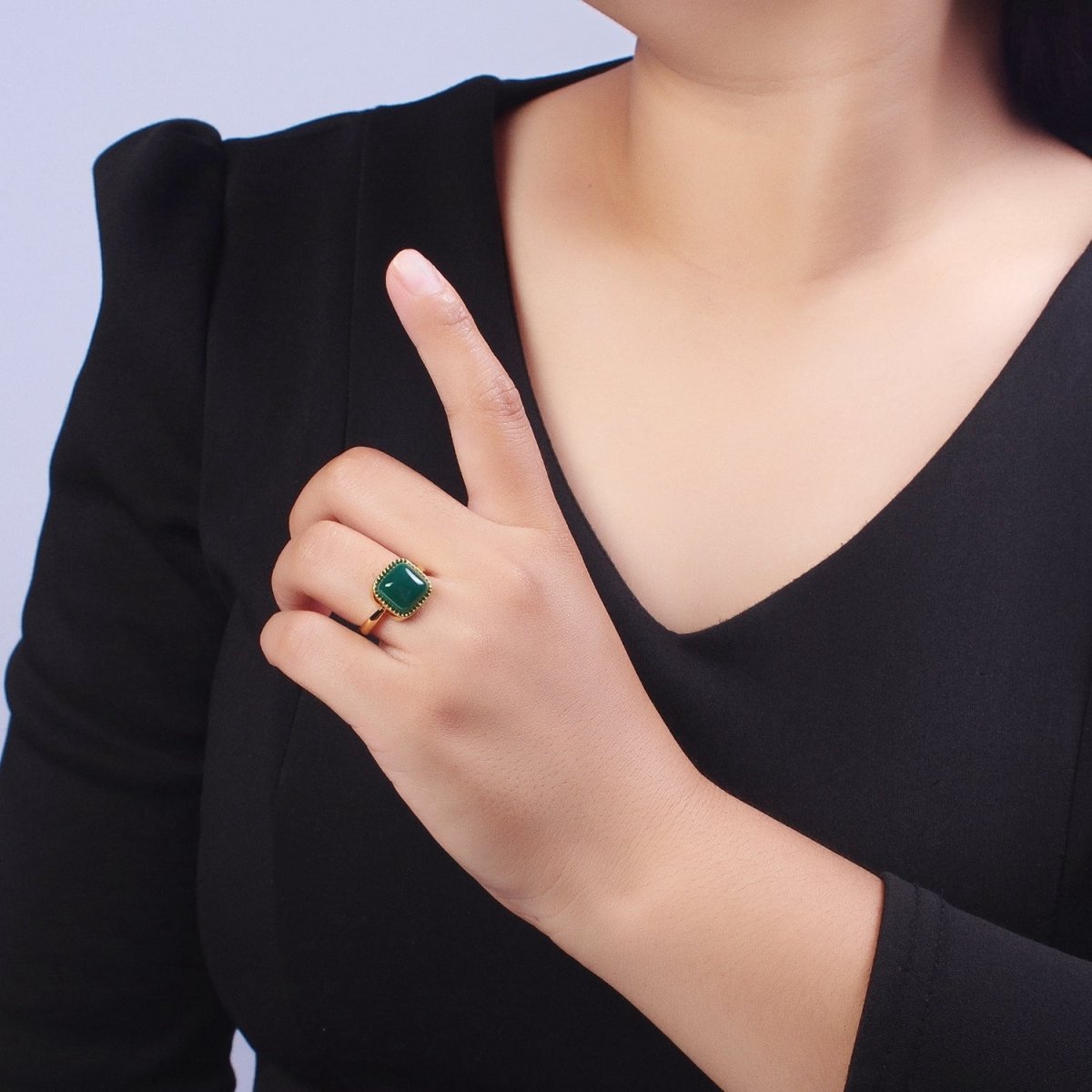 Natural Green Agate Rectangle Natural Stone Minimalist Adjustable Gold Ring | Y-318 - DLUXCA